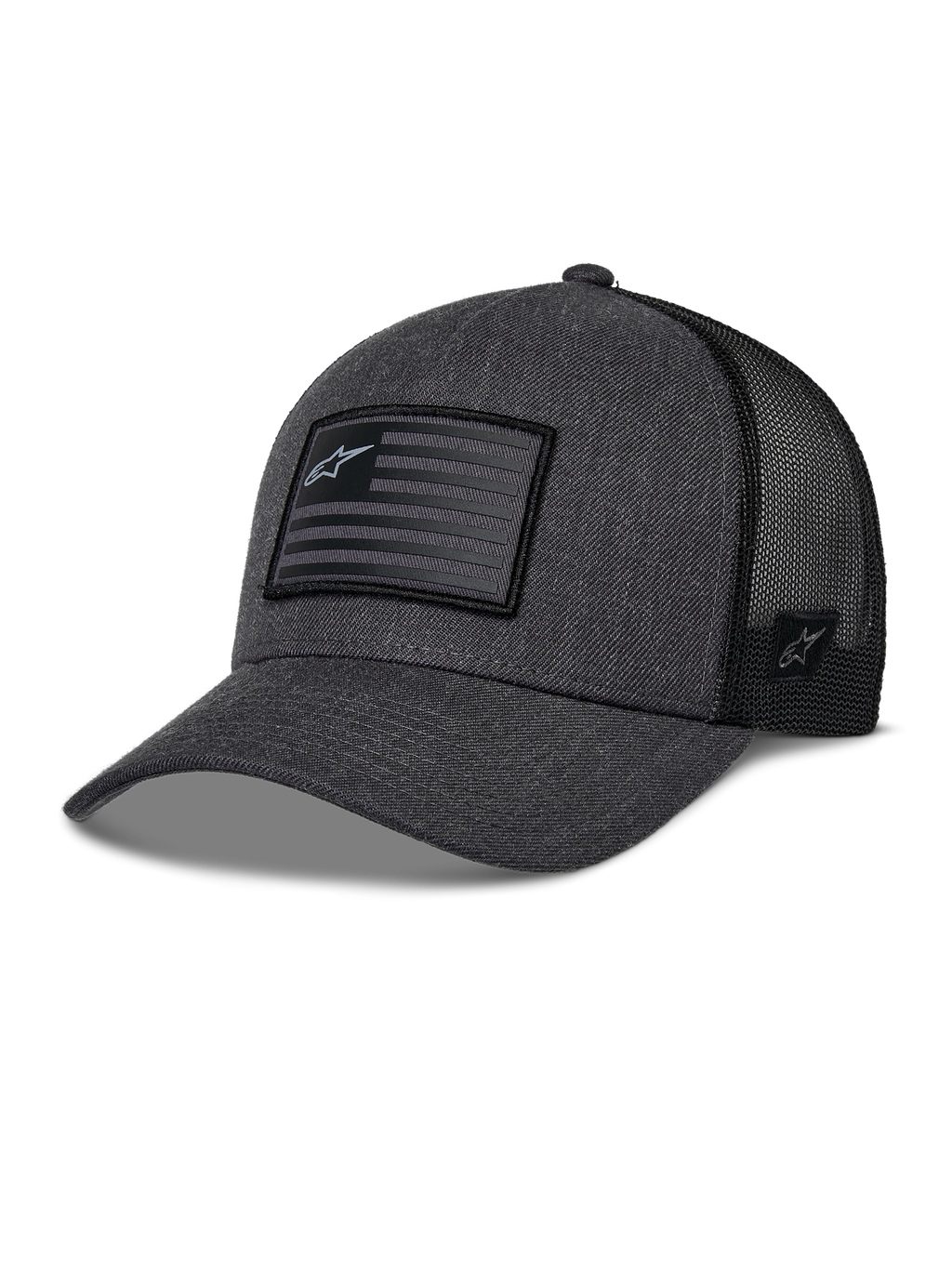 Alpinestars Flag Snapback Mütze, Dunkelgrau Meliert und Schwarz, Baseball-Kappe im Trucker-Stil, rechteckiger Flaggen-Patch mit Stern-Logo, gebogener Schirm und atmungsaktive Mesh-Rückseite