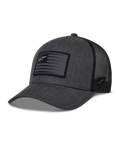 Alpinestars Flag Snapback Mütze, Dunkelgrau Meliert und Schwarz, Baseball-Kappe im Trucker-Stil, rechteckiger Flaggen-Patch mit Stern-Logo, gebogener Schirm und atmungsaktive Mesh-Rückseite