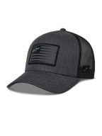 Alpinestars Flag Snapback Mütze, Dunkelgrau Meliert und Schwarz, Baseball-Kappe im Trucker-Stil, rechteckiger Flaggen-Patch mit Stern-Logo, gebogener Schirm und atmungsaktive Mesh-Rückseite