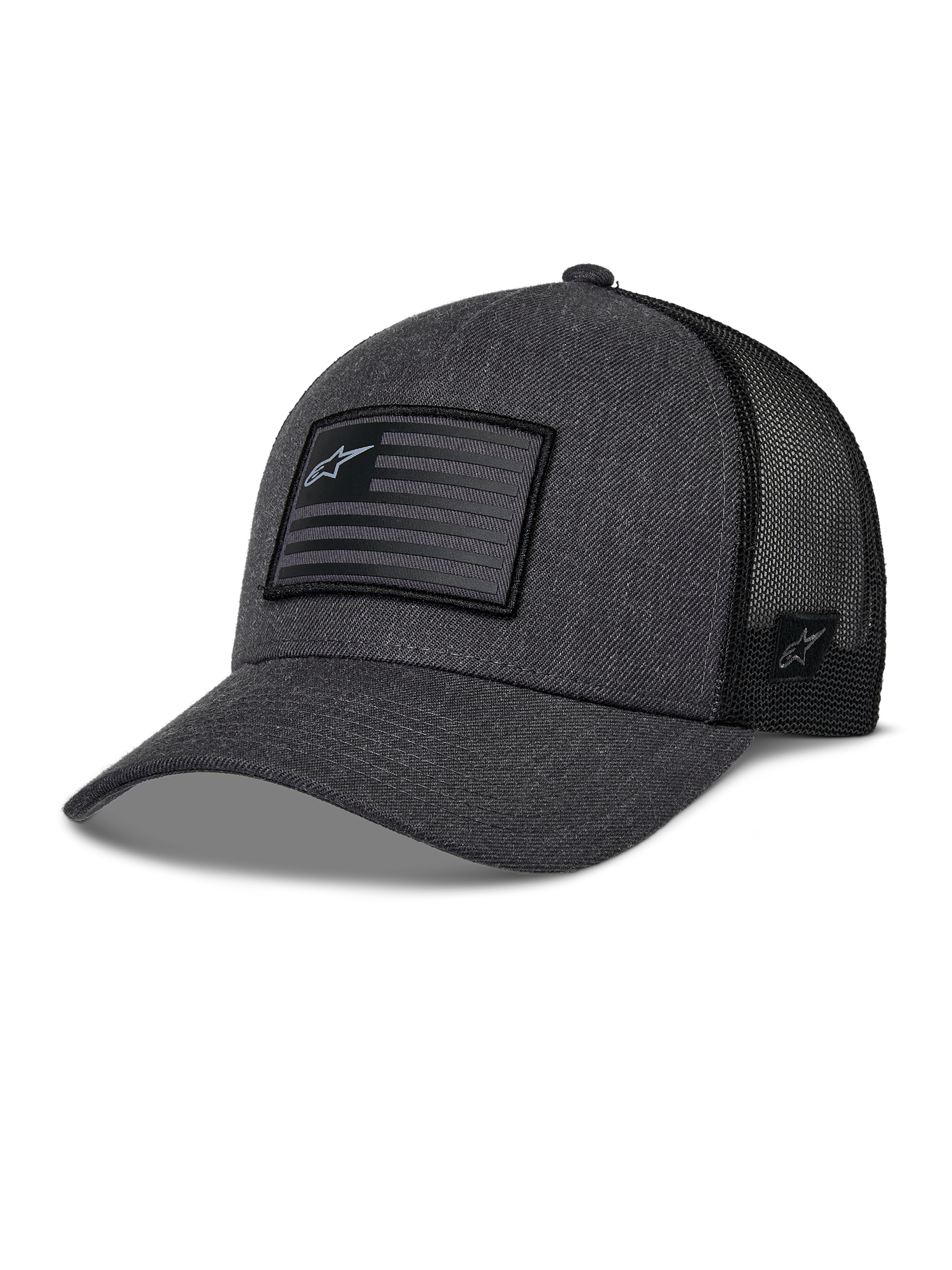 Alpinestars Flag Snapback Mütze, Dunkelgrau Meliert und Schwarz, Baseball-Kappe im Trucker-Stil, rechteckiger Flaggen-Patch mit Stern-Logo, gebogener Schirm und atmungsaktive Mesh-Rückseite