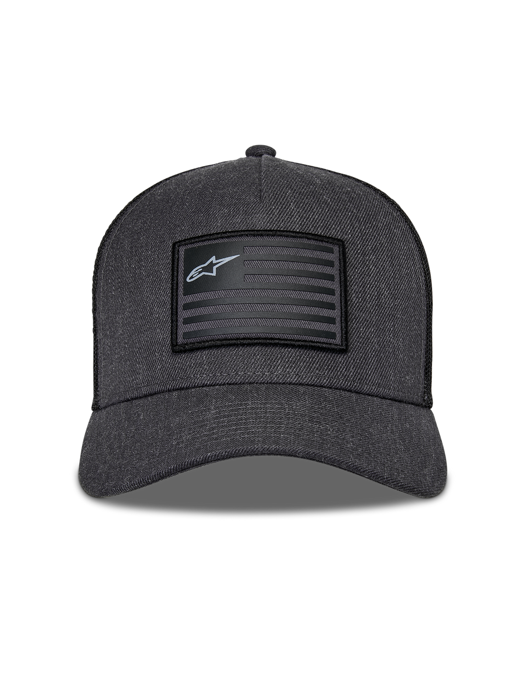 Alpinestars Flag Snapback Mütze, Anthrazit Melange und Schwarz, Frontansicht mit strukturierter Krone und gebogenem Schirm, rechteckiger Aufnäher im Flaggen-Stil mit Alpinestars-Logo und Streifen, lässige Motorsport-Streetwear