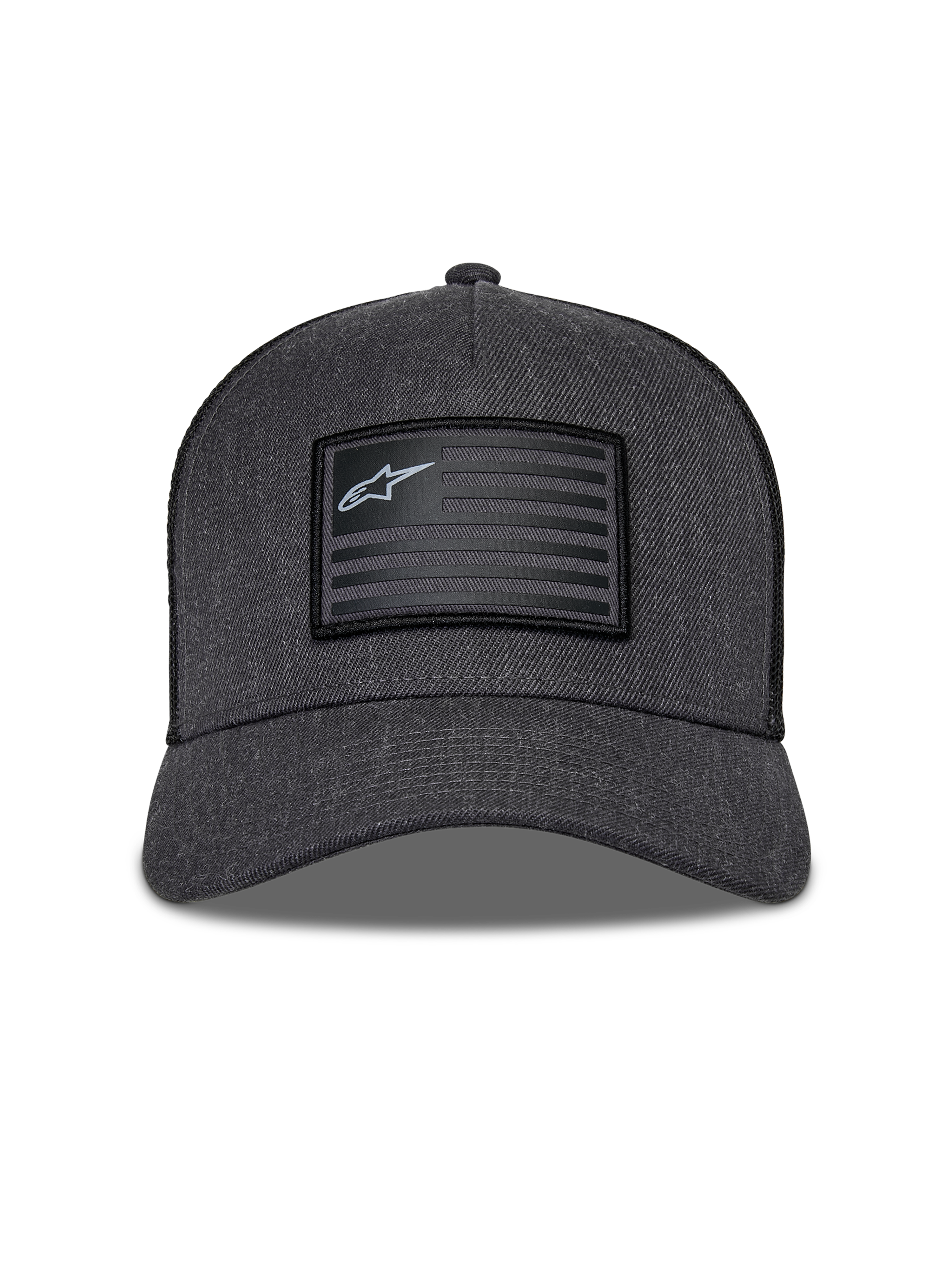 Alpinestars Flag Snapback Mütze, Anthrazit Melange und Schwarz, Frontansicht mit strukturierter Krone und gebogenem Schirm, rechteckiger Aufnäher im Flaggen-Stil mit Alpinestars-Logo und Streifen, lässige Motorsport-Streetwear