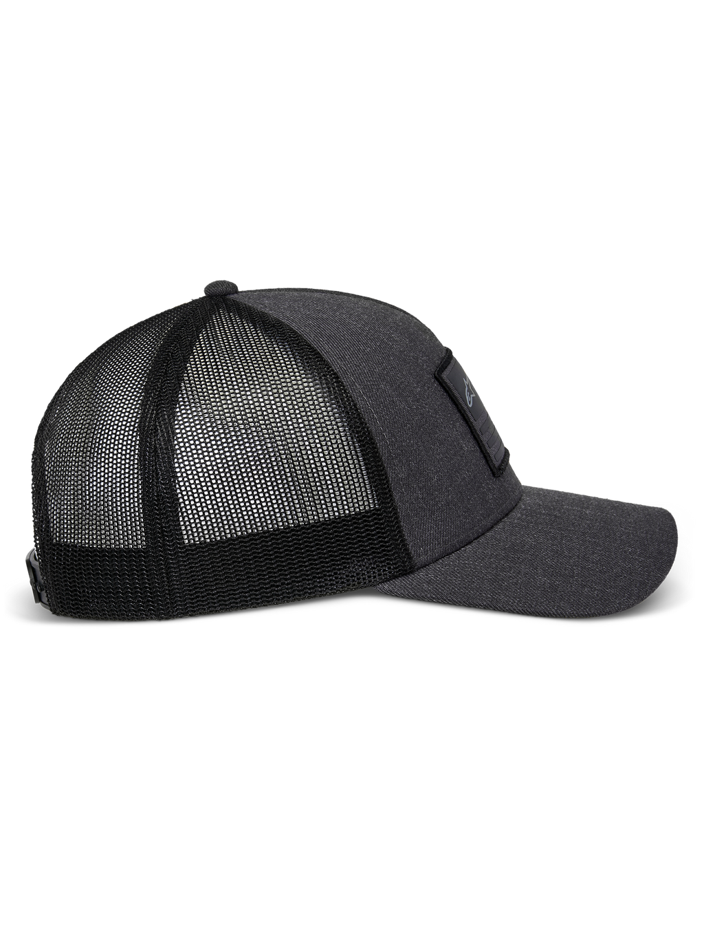 Alpinestars Flag Snapback Mütze in Charcoal Heather Black, Seitenansicht mit gebogenem Schirm, strukturierter Twill-Frontpartie mit Merrow-Patch und atmungsaktivem Polyester-Mesh-Rückteil.