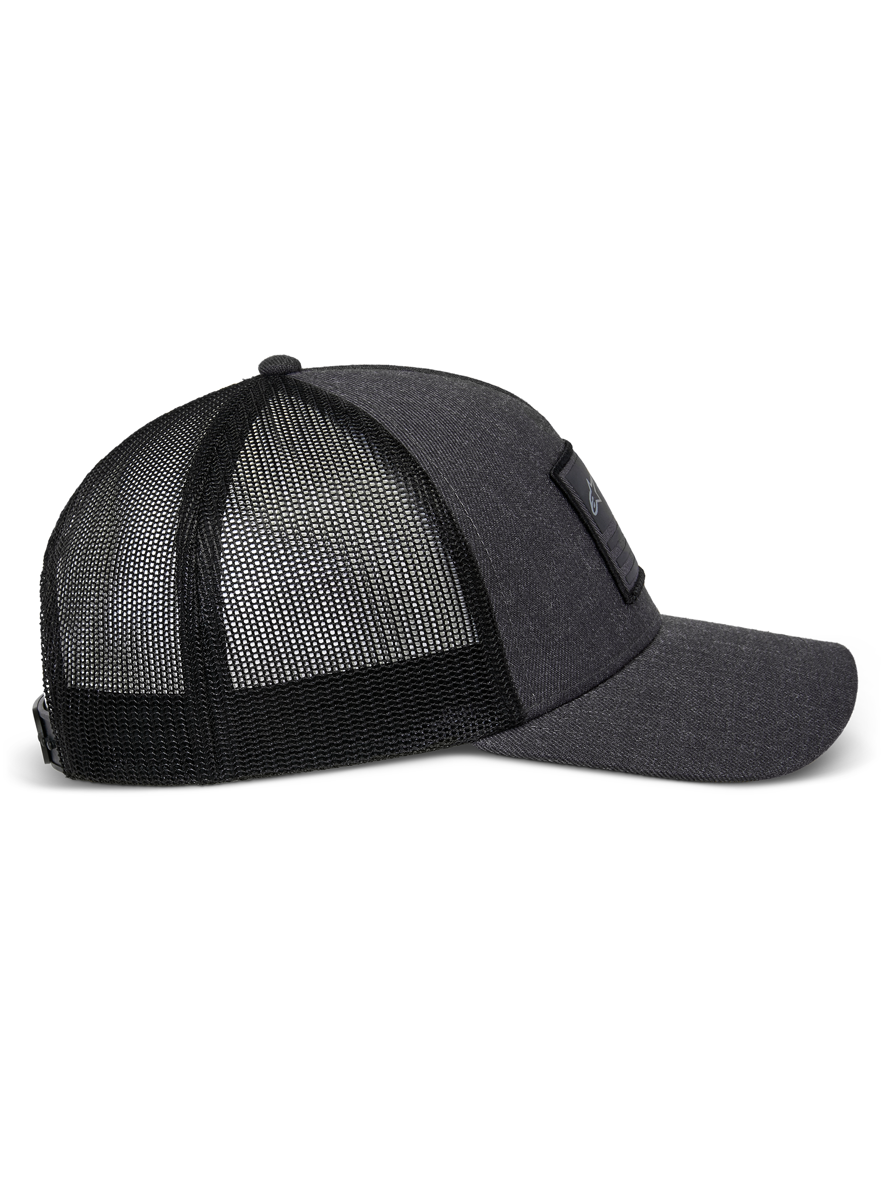 Alpinestars Flag Snapback Mütze in Charcoal Heather Black, Seitenansicht mit gebogenem Schirm, strukturierter Twill-Frontpartie mit Merrow-Patch und atmungsaktivem Polyester-Mesh-Rückteil.
