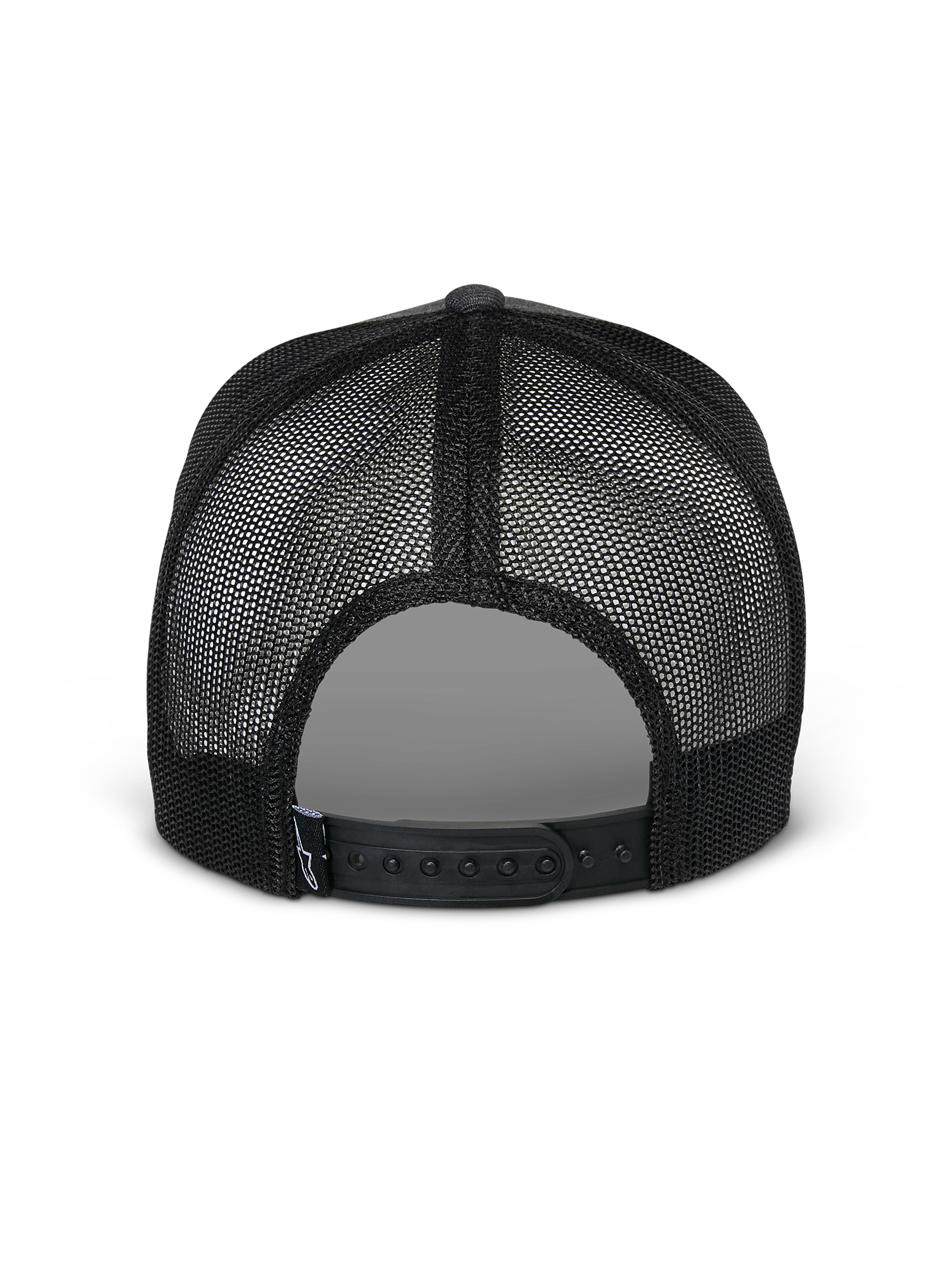 Alpinestars Flag Snapback Mütze, Rückansicht, Charcoal Heather Black, mit atmungsaktiven schwarzen Mesh-Einsätzen und verstellbarem Snapback-Verschluss, lässige vom Motorsport inspirierte Kopfbedeckung
