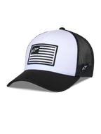 Alpinestars Flag Snapback Hat, White and Black, Structured crown with curved bill, white front panel and black mesh back, featuring a rectangular flag-style logo patch, casual motorsport-inspired headwear