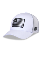 Alpinestars Flag Snapback Hat, weiße Trucker-Kappe, strukturierte Krone mit gebogenem Schirm, weiße Mesh-Rückseite, schwarz-weiß gestreifter Patch mit Logo auf der Vorderseite, lässige vom Motorsport inspirierte Kopfbedeckung