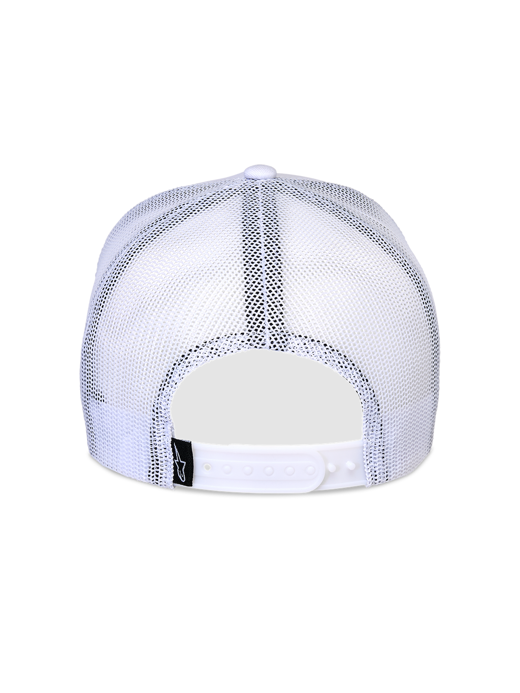 Alpinestars Flag Snapback Mütze, Weiß, Rückansicht mit atmungsaktiven weißen Mesh-Einsätzen, verstellbarem Snapback-Verschluss und kleinem schwarzem Logo-Etikett, klassisches Trucker-Cap-Design