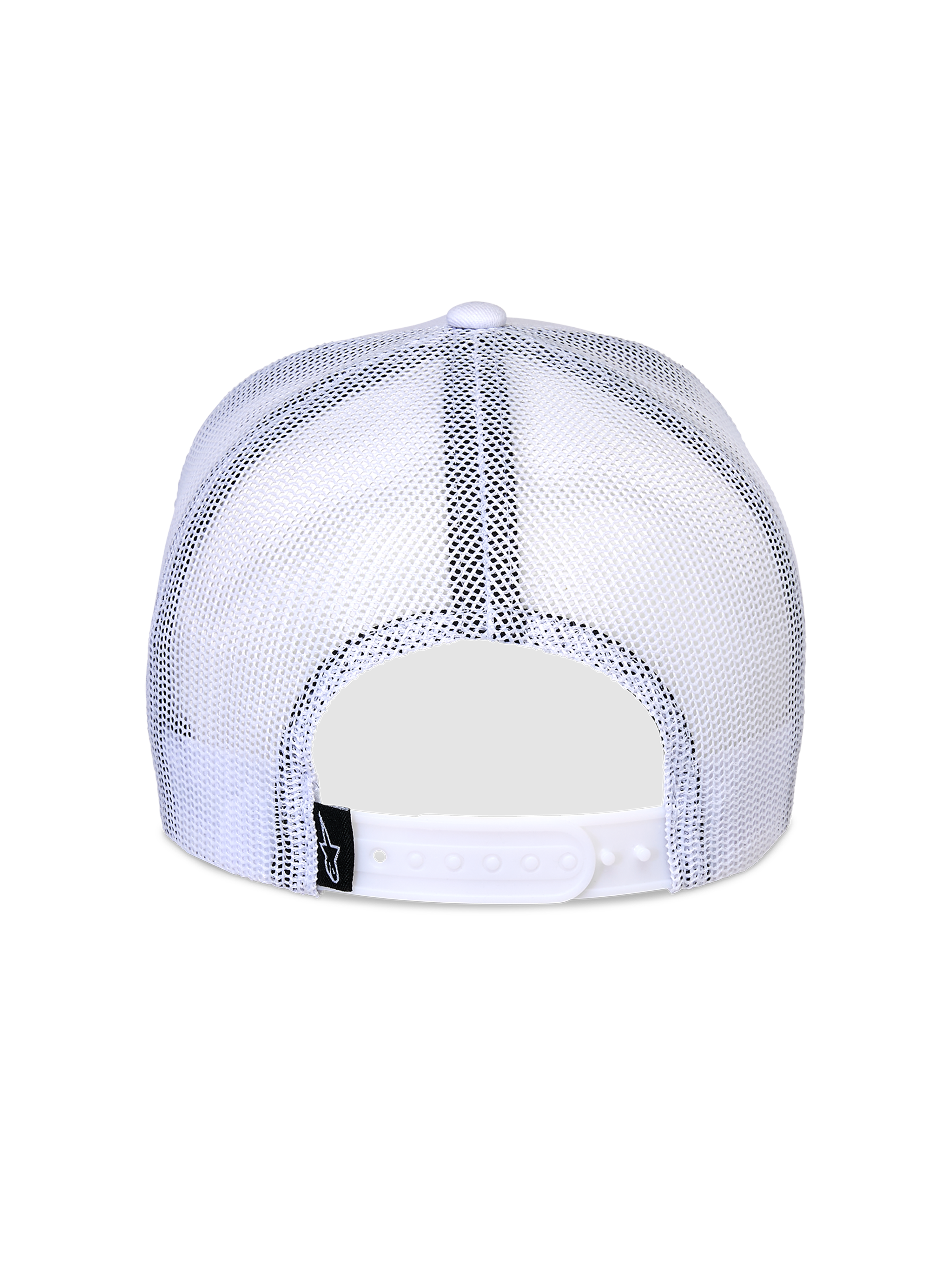 Alpinestars Flag Snapback Mütze, Weiß, Rückansicht mit atmungsaktiven weißen Mesh-Einsätzen, verstellbarem Snapback-Verschluss und kleinem schwarzem Logo-Etikett, klassisches Trucker-Cap-Design