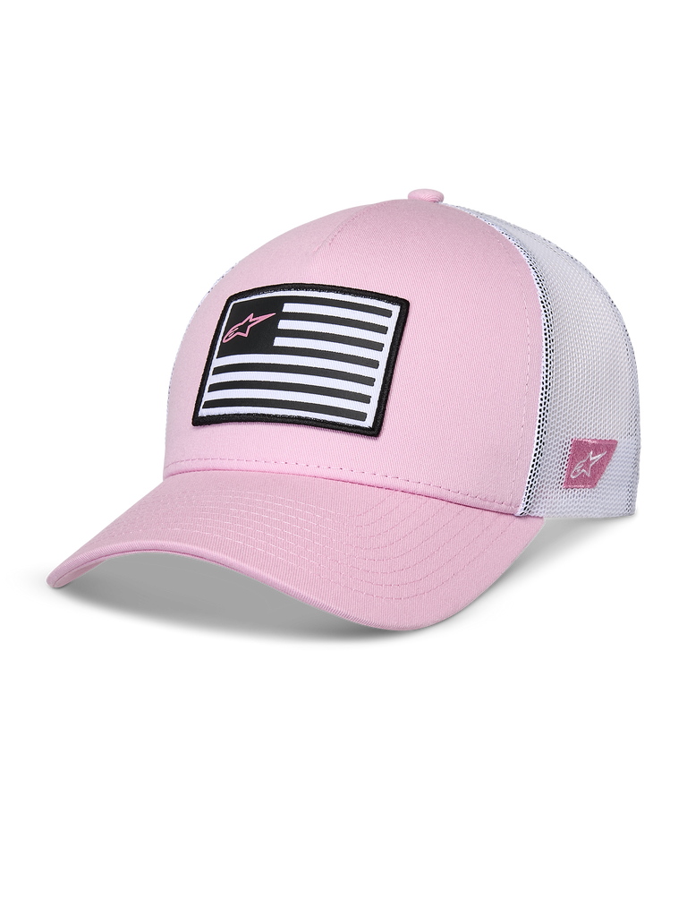 Alpinestars Flag Snapback Hat, Pink and White, curved bill with structured crown, twill front with white mesh back, featuring a black and white flag patch with pink Astars logo, casual motorsport-inspired sportswear
