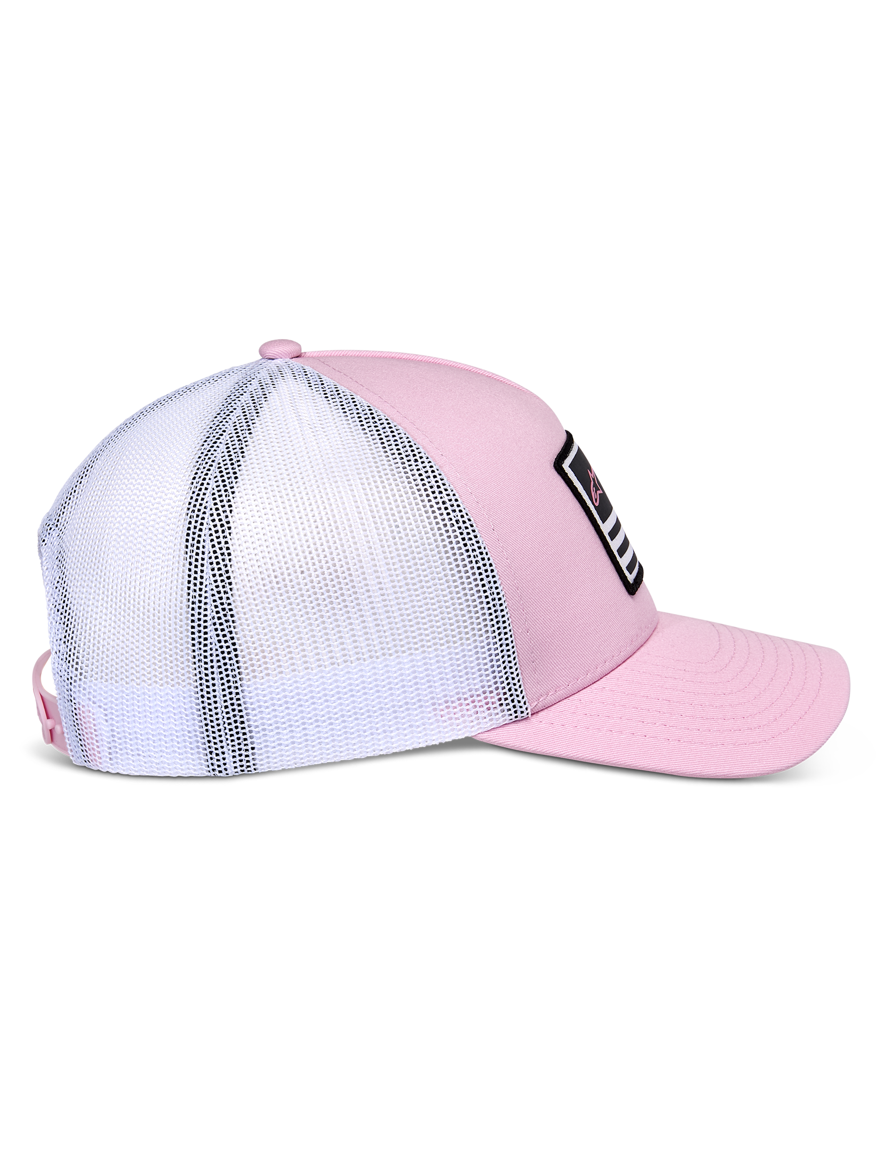 Alpinestars Flag Snapback Hat, Pink and White, side view showing pink twill front and white mesh back, curved bill, structured crown, black patch with white and pink details, casual motorsport-inspired headwear