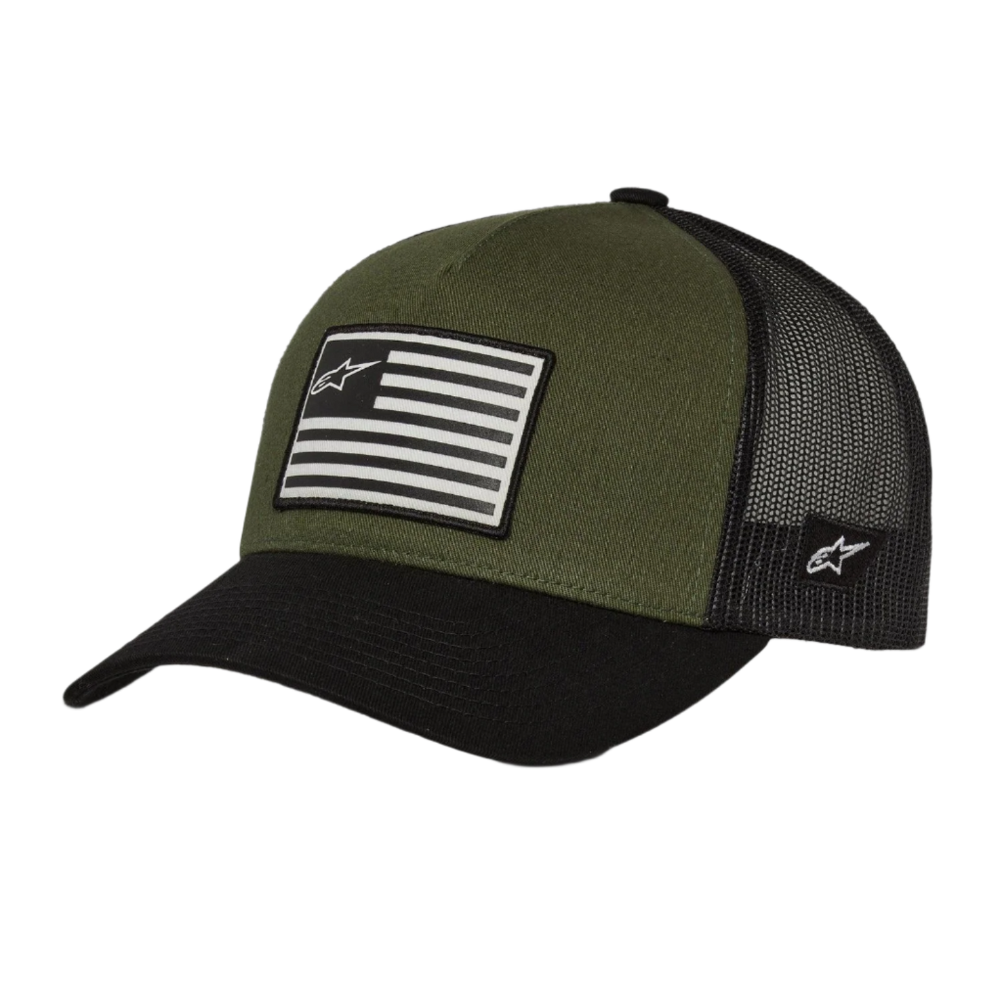 Alpinestars Flag Snapback Kappe, Military Black, olivgrüne Krone mit schwarzem gebogenem Schirm und Mesh-Rückseite, vorne aufgedruckter Flaggen-Patch mit Logo, lässiges Sportbekleidungsdesign