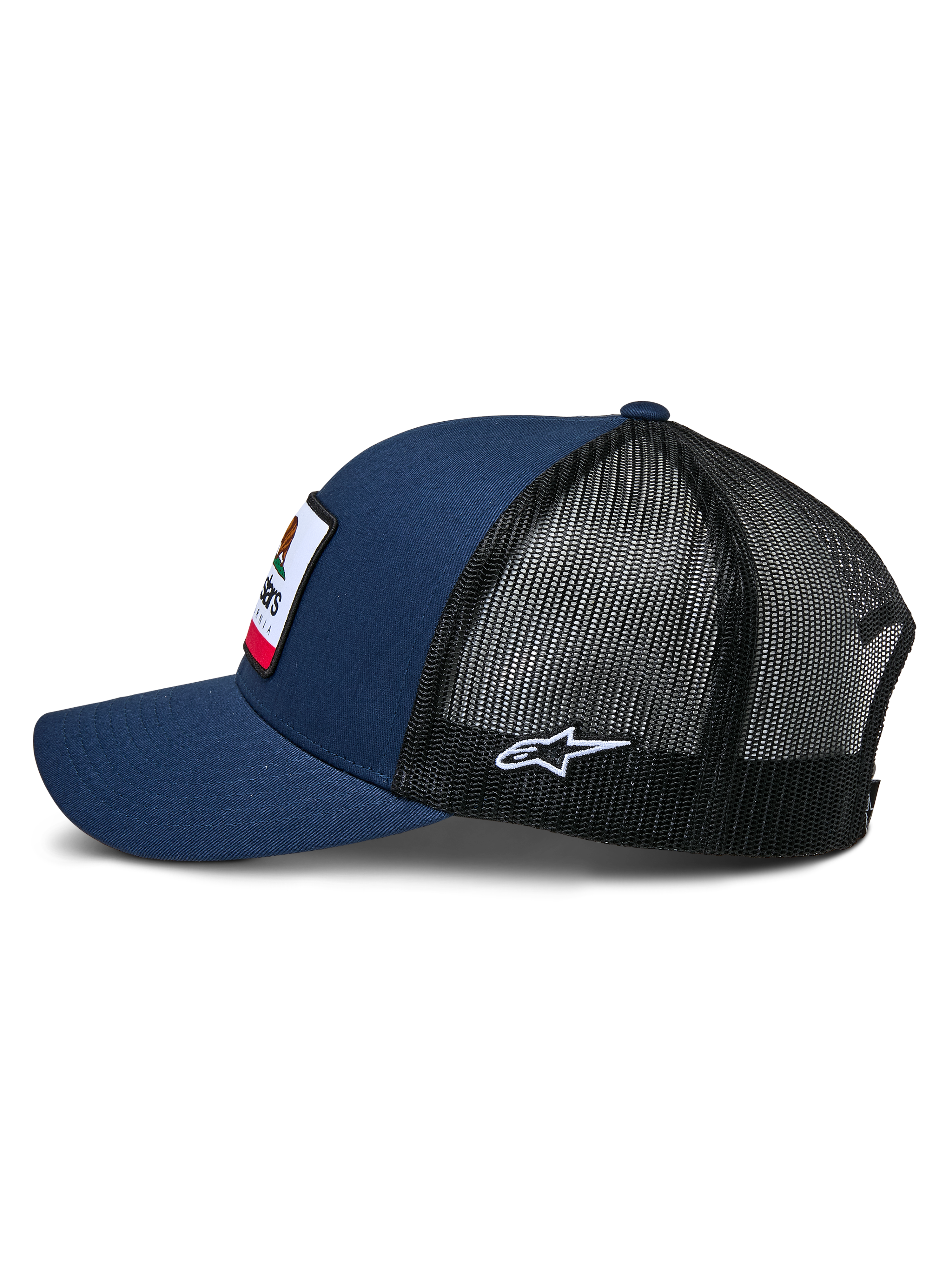 Alpinestars Cali 2.0 Kappe, Dunkelblau und Schwarz, Seitenansicht, Twill-Vorderseite mit gewebtem Merrow-Patch, schwarze Poly-Mesh-Rückseite mit weißem gesticktem Stern-Logo, gebogener Schirm, lässige vom Motorsport inspirierte Kopfbedeckung