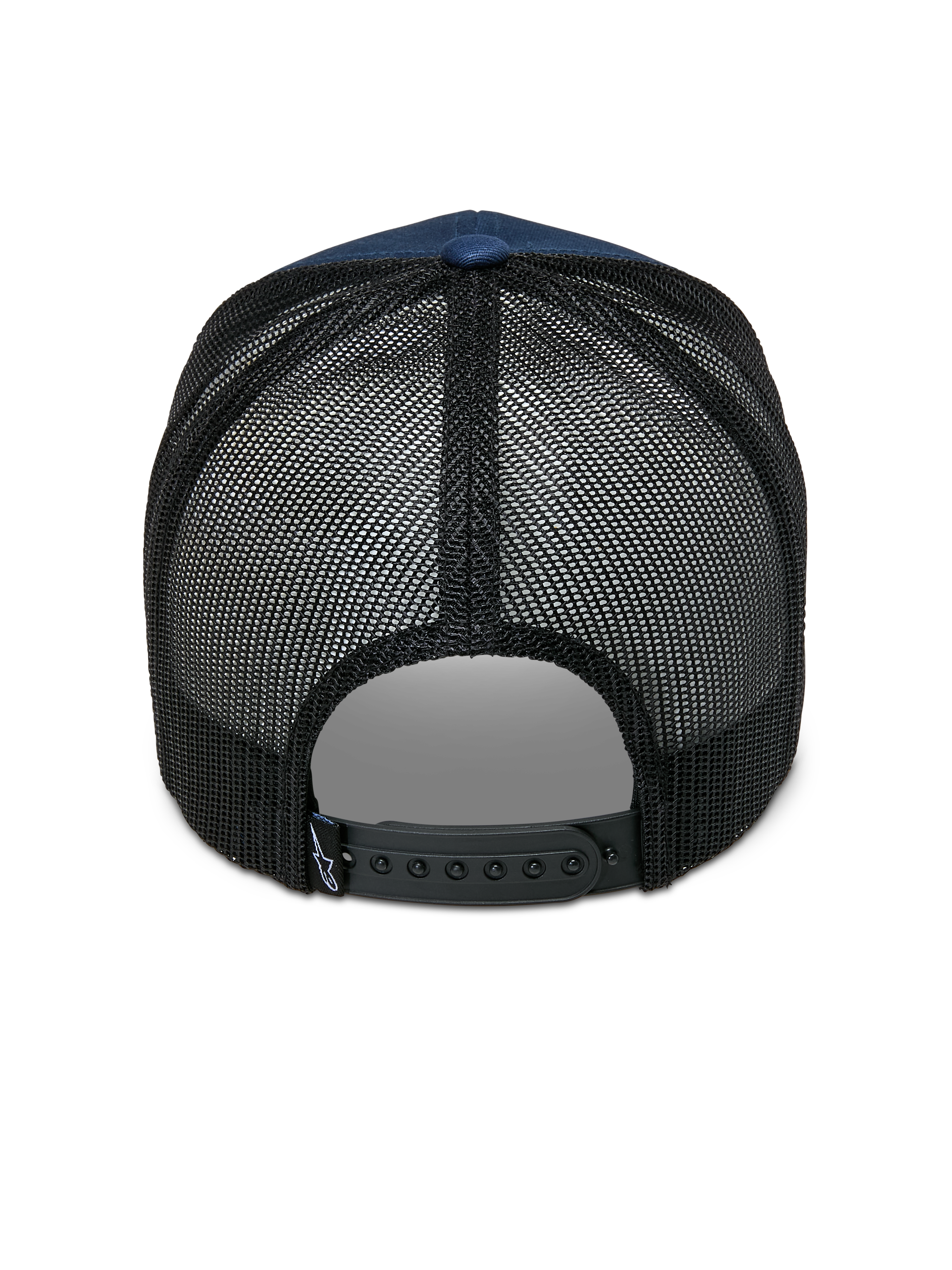 Alpinestars Cali 2.0 Mütze, Marineblau und Schwarz, Rückansicht mit atmungsaktivem Poly-Mesh-Rücken, verstellbarem schwarzem Snapback-Verschluss und kleinem Logo-Etikett, lässiges Trucker-Cap-Design