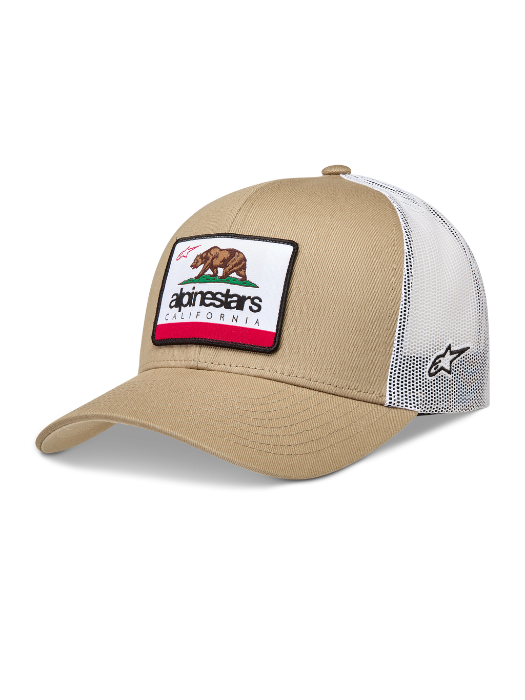 Alpinestars Cali 2.0 Kappe, Sportswear Trucker Cap in Sand und Weiß, mit Mesh-Rückseite und gewebtem California-Bären-Patch