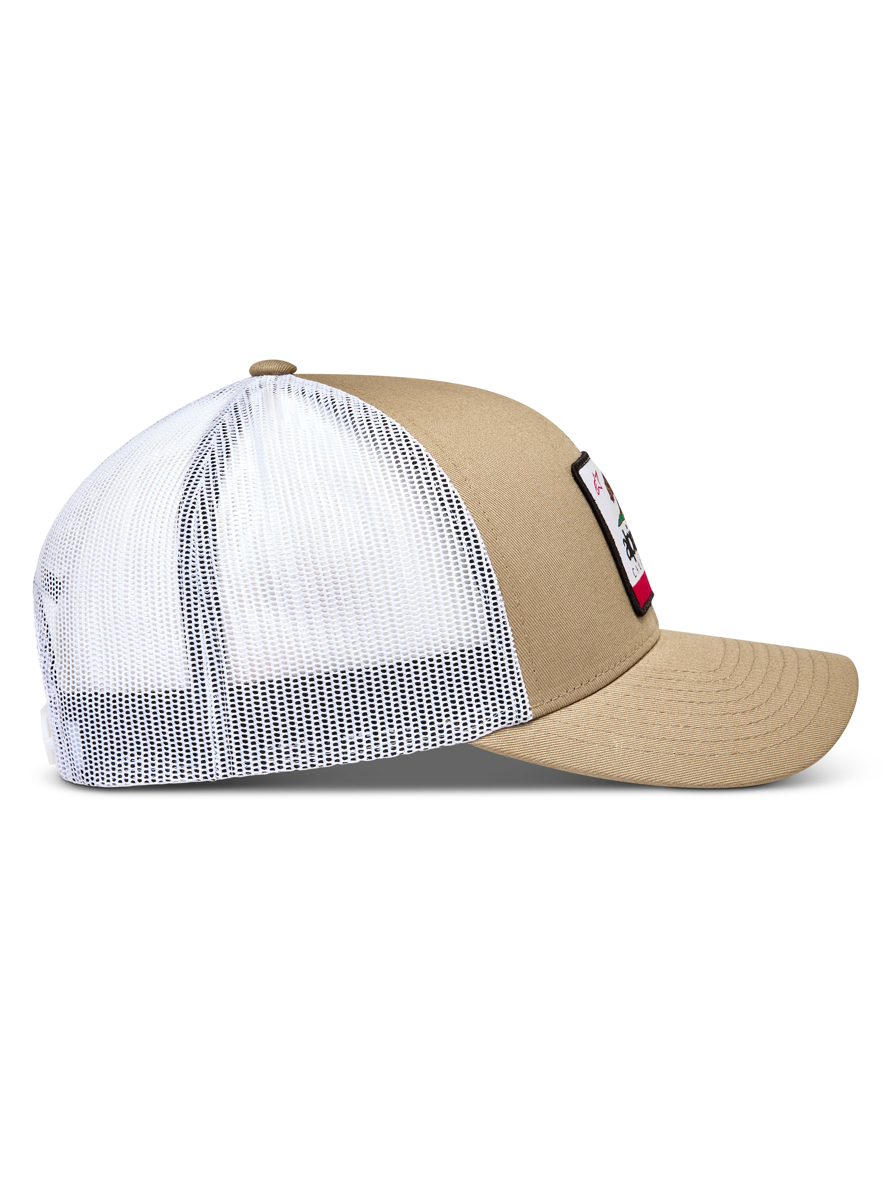 Alpinestars Cali 2.0 Kappe, Trucker-Mütze in Sand und Weiß mit gebogenem Schirm und atmungsaktiver Mesh-Rückseite, Sportswear.