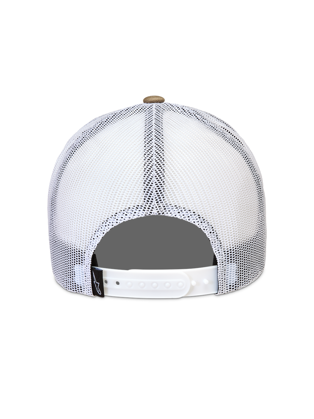 Alpinestars Cali 2.0 Kappe, Rückansicht der Sportswear-Kappe in Weiß und Khaki, mit atmungsaktivem Poly-Mesh-Gewebe und verstellbarem Snapback-Verschluss.
