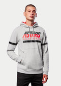 Alpinestars Club Hoodie, lässige Streetwear, Graumeliert mit rot gefütterter Jersey-Kapuze, ASTARS RACING AHEAD Grafik, schwarze horizontale Streifen auf Brust und Ärmeln, vom Motorsport inspirierter Fleece-Pullover