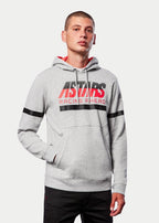 Alpinestars Club Hoodie, lässige Streetwear, Graumeliert mit rot gefütterter Jersey-Kapuze, ASTARS RACING AHEAD Grafik, schwarze horizontale Streifen auf Brust und Ärmeln, vom Motorsport inspirierter Fleece-Pullover