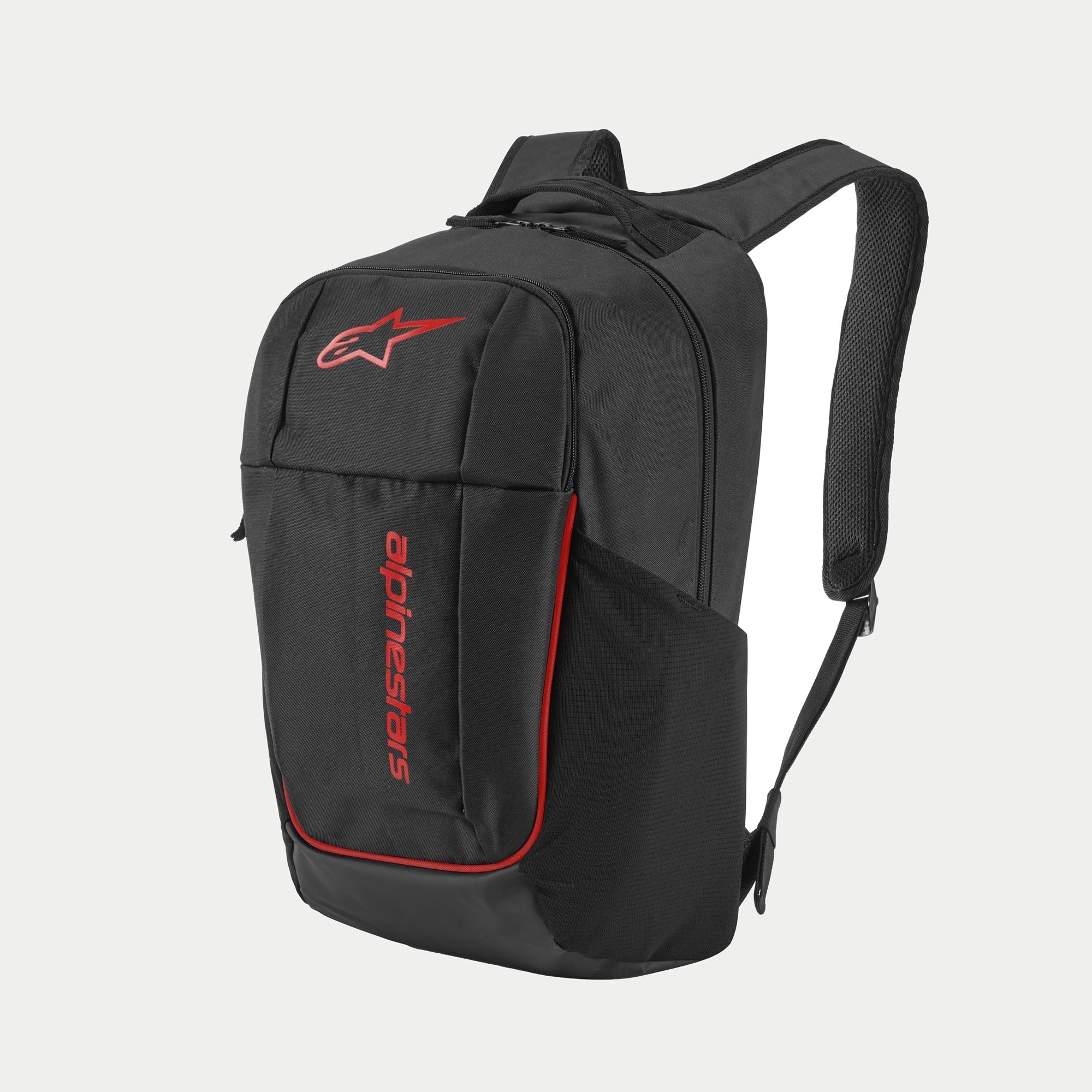Alpinestars GFX V2 Rucksack, Schwarz und Rot, mittelgroßer Sport-Rucksack mit rotem Astars-Logo und vertikalem Branding, seitlicher Netztasche für Wasserflaschen und gepolsterten Air-Mesh-Schultergurten