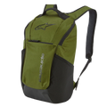 Alpinestars Defcon V2 Rucksack, Sportrucksack, Militärgrün mit schwarzen Akzenten, mit Astar-Logo und vertikalem Branding, seitlichen Netztaschen und gepolsterten Airmesh-Schultergurten