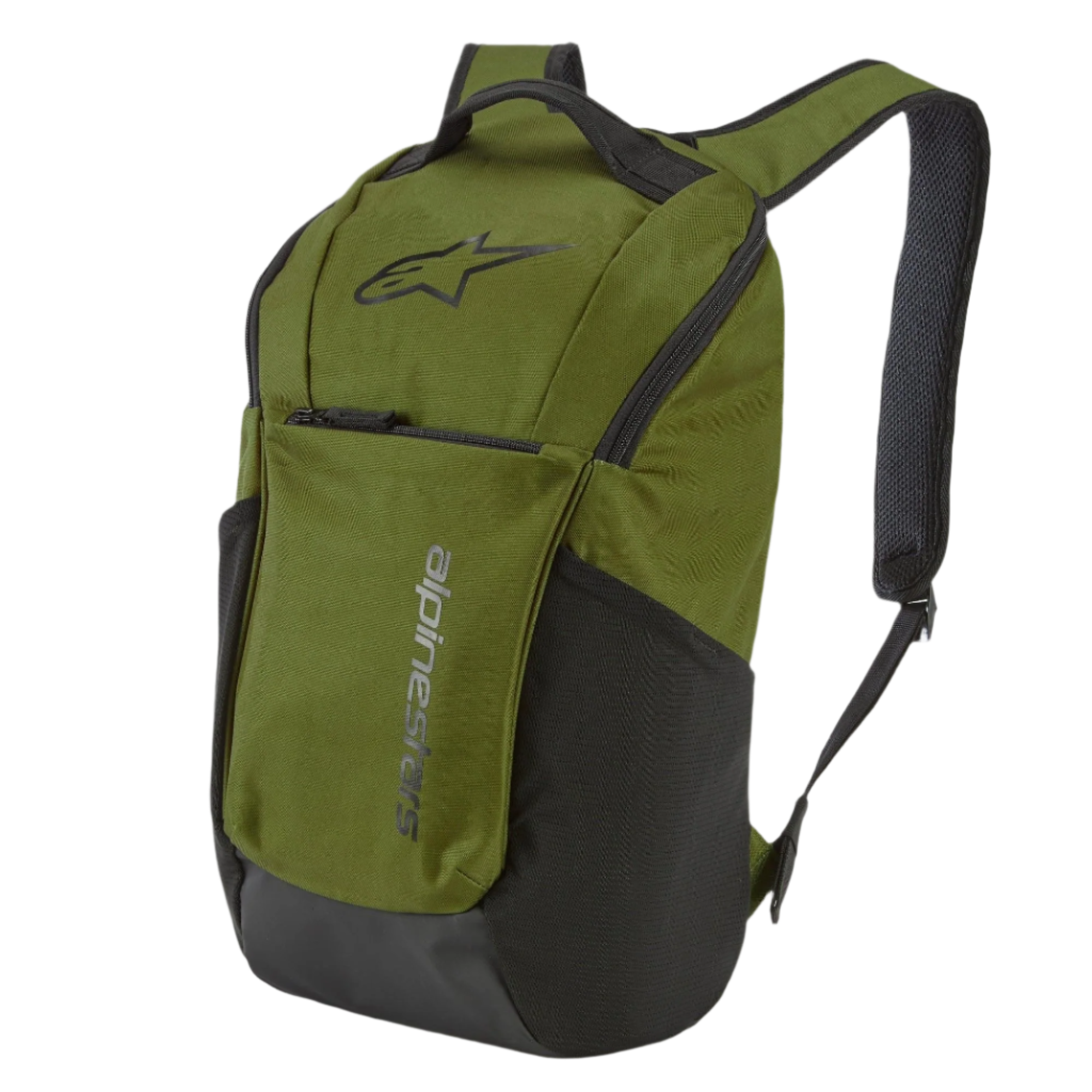 Alpinestars Defcon V2 Backpack, Sportswear Backpack, Military Green with black accents, featuring the Astar logo and vertical branding, mesh side pockets, and padded airmesh shoulder straps