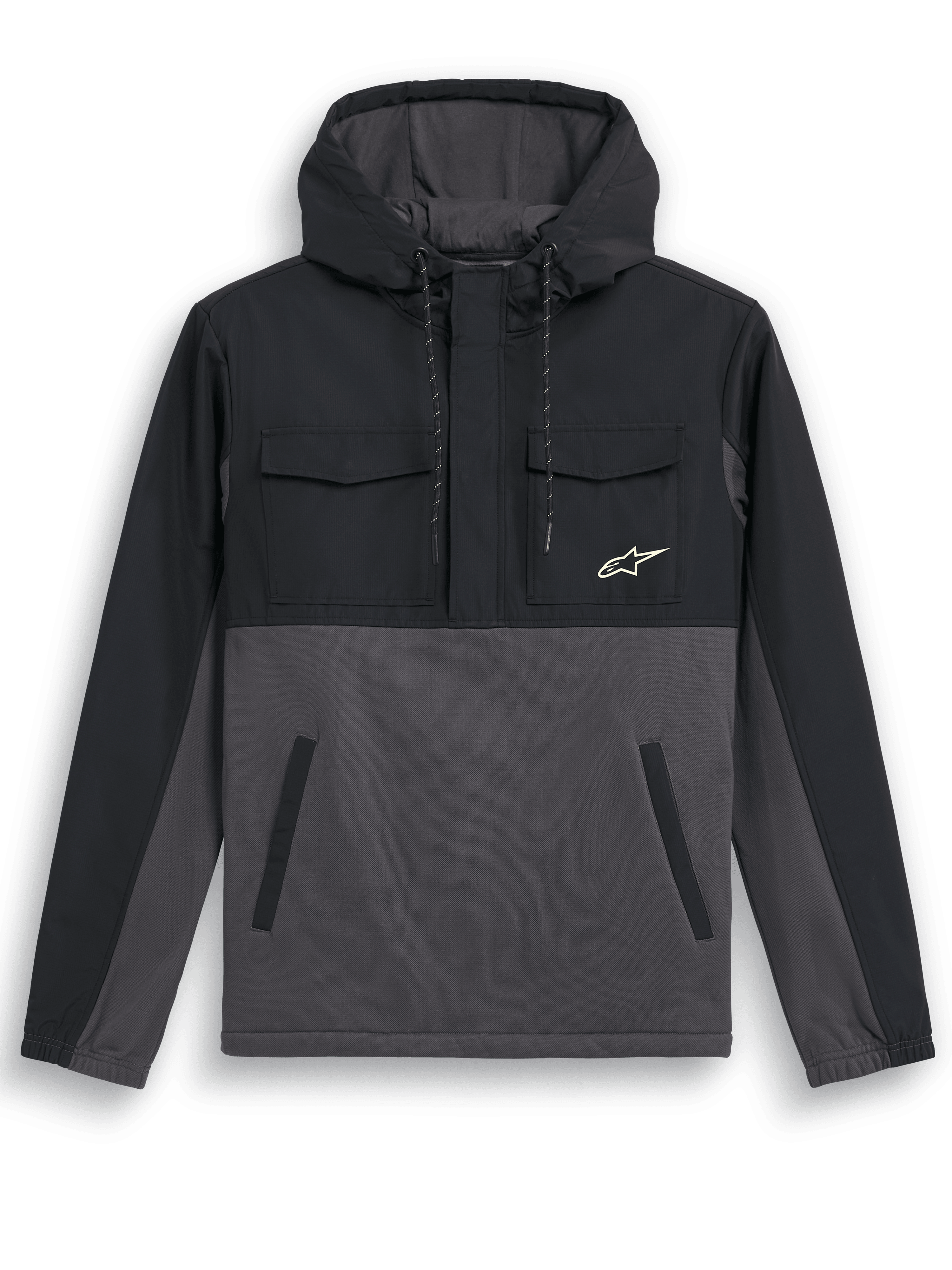 Alpinestars Juncture Hybrid Jacke, Anorak-Hoodie, Black Gunmetal, Mischmaterial-Design mit Ripstop-Overlay auf Passe und Kapuze, Hauptteil aus Canvas-Fleece, Brusttaschen mit Klappe, untere Leistentaschen, kleines weißes Stern-Logo, lässige, vom Motorsport inspirierte Jacke