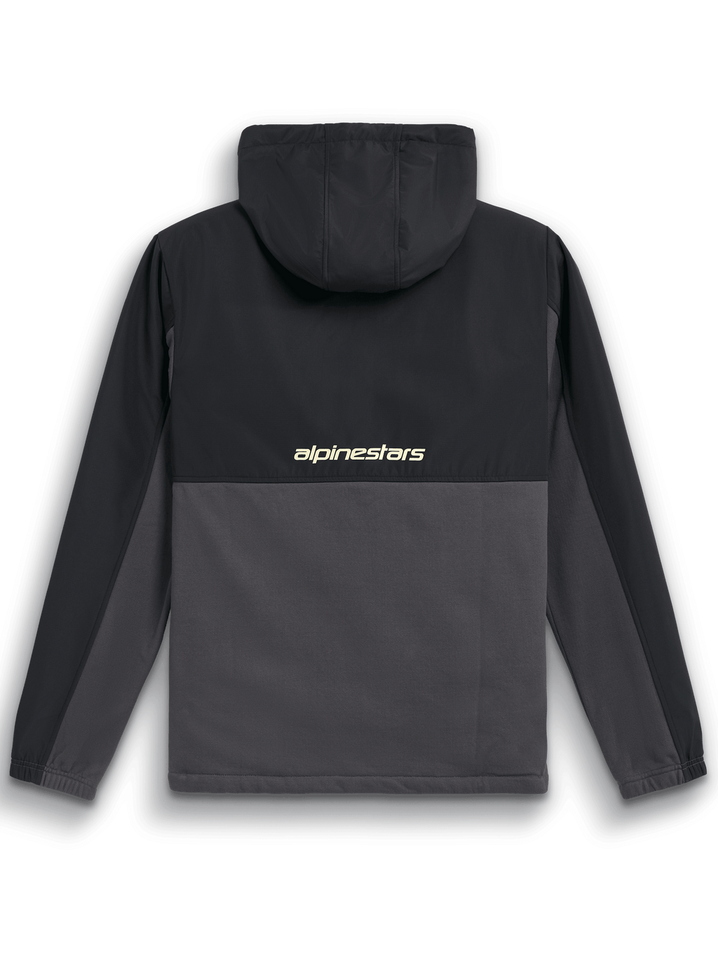 Alpinestars Juncture Hybrid Jacke, Rückansicht, Schwarz und Gunmetal, Anorak aus Mischmaterial mit Ripstop-Passe und Kapuze, „alpinestars“-Schriftzug auf dem Rücken, lässige Motorsport-Streetwear