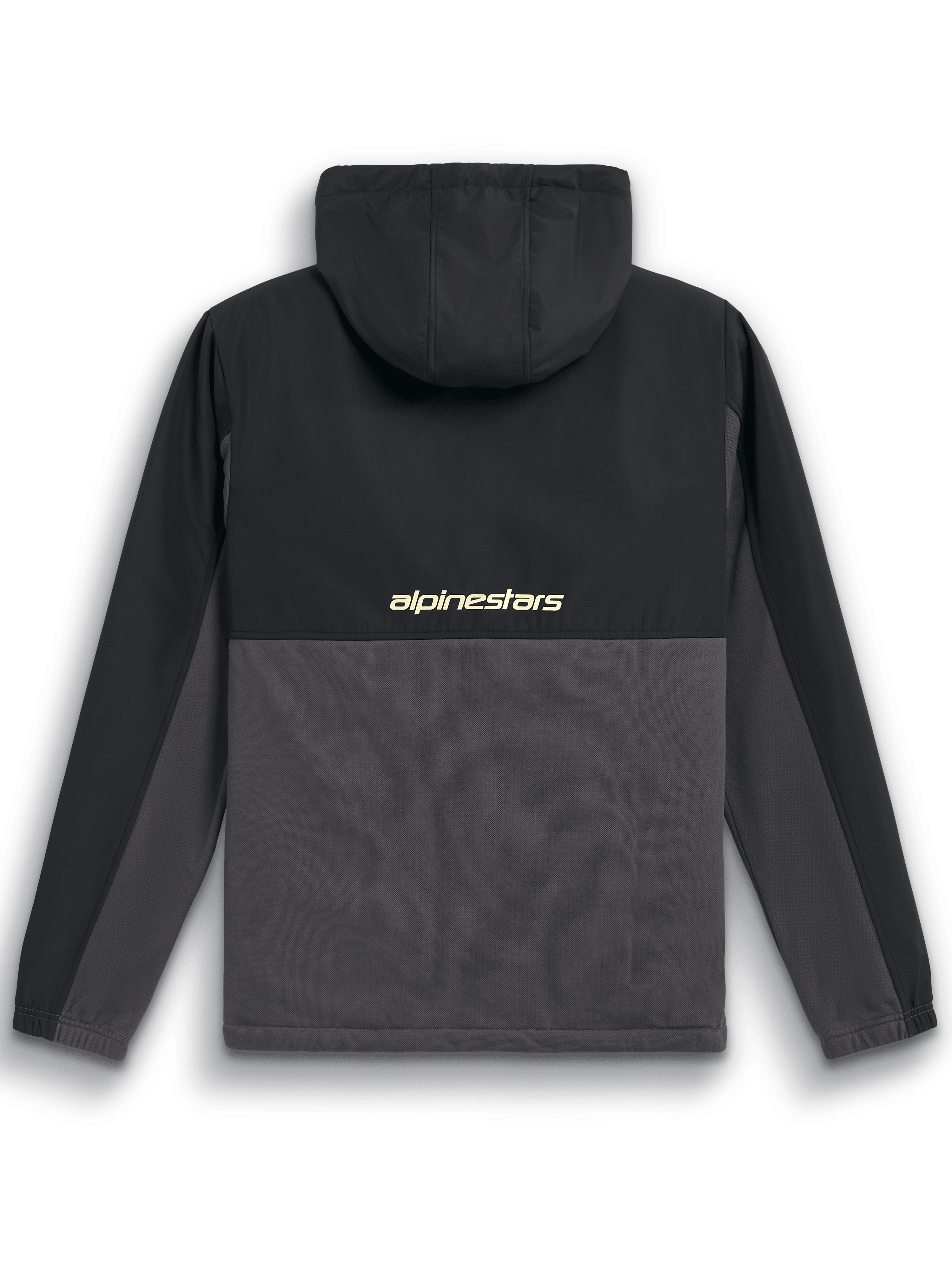 Alpinestars Juncture Hybrid Jacke, Rückansicht, Schwarz und Gunmetal, Anorak aus Mischmaterial mit Ripstop-Passe und Kapuze, „alpinestars“-Schriftzug auf dem Rücken, lässige Motorsport-Streetwear