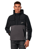 Alpinestars Juncture Hybrid Jacke, Herren-Anorak-Hoodie, Schwarz und Gunmetal-Grau, zweifarbiges Design mit Ripstop-Overlays und Canvas-Fleece, mit Brusttaschen mit weißem Stern-Logo und Kapuze mit Kordelzug, lässige, vom Motorsport inspirierte Streetwear