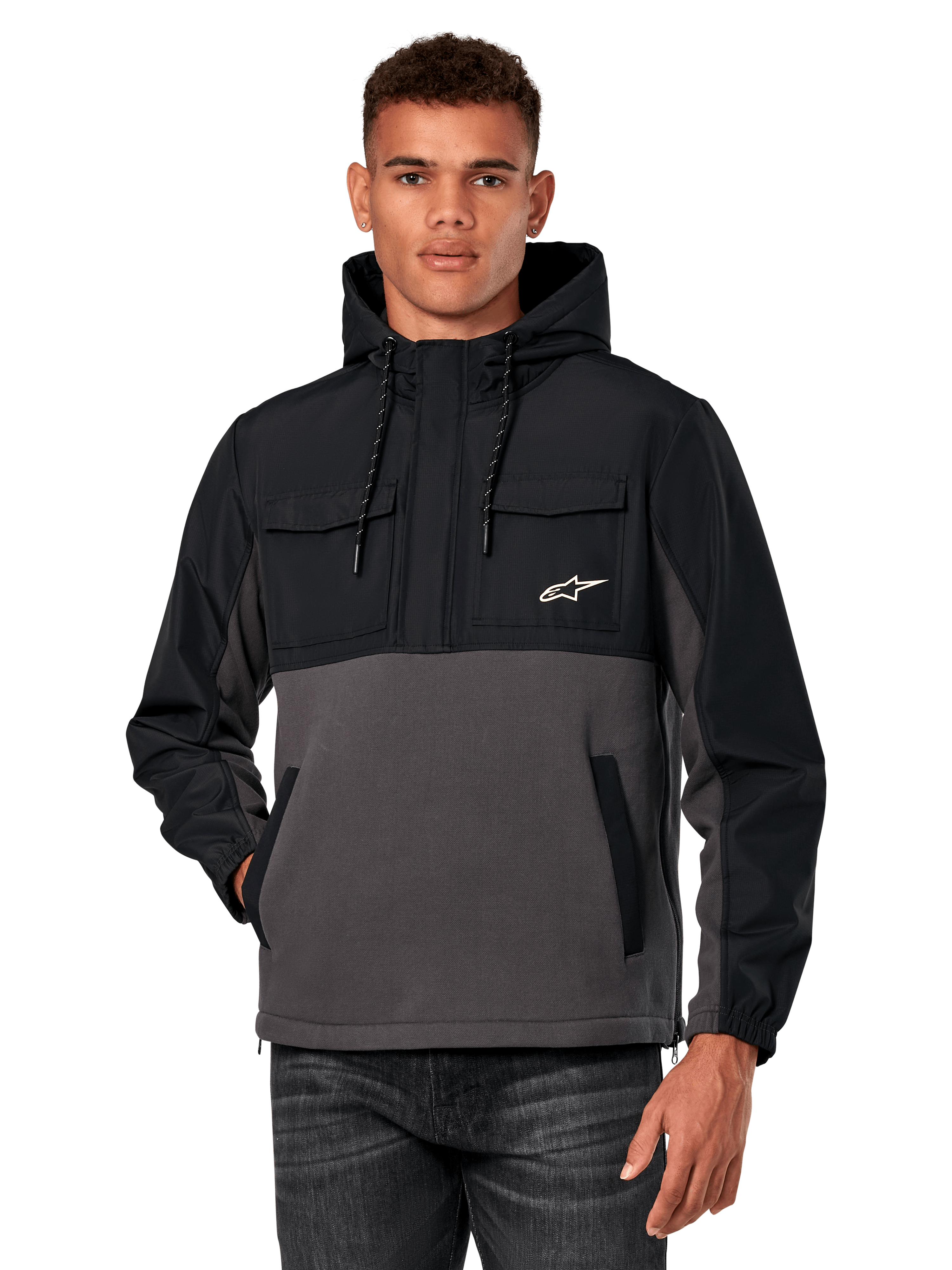 Alpinestars Juncture Hybrid Jacke, Herren-Anorak-Hoodie, Schwarz und Gunmetal-Grau, zweifarbiges Design mit Ripstop-Overlays und Canvas-Fleece, mit Brusttaschen mit weißem Stern-Logo und Kapuze mit Kordelzug, lässige, vom Motorsport inspirierte Streetwear