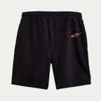 Alpinestars Dunker Short, Fleece-Shorts in Schwarz, Rückansicht mit rotem Logo-Detail auf der hinteren Hüfte, elastischer Bund und hintere Leistentasche, komfortable Freizeit- und Sportbekleidung.