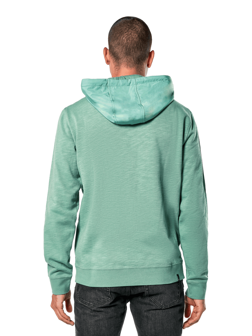 Alpinestars Rooted Hoodie, Grün, Rückansicht eines Mannes, der einen lässigen Slub-French-Terry-Hoodie trägt, mit Überzugshaube, Rippenbündchen und Saum, modernes Sportswear-Design