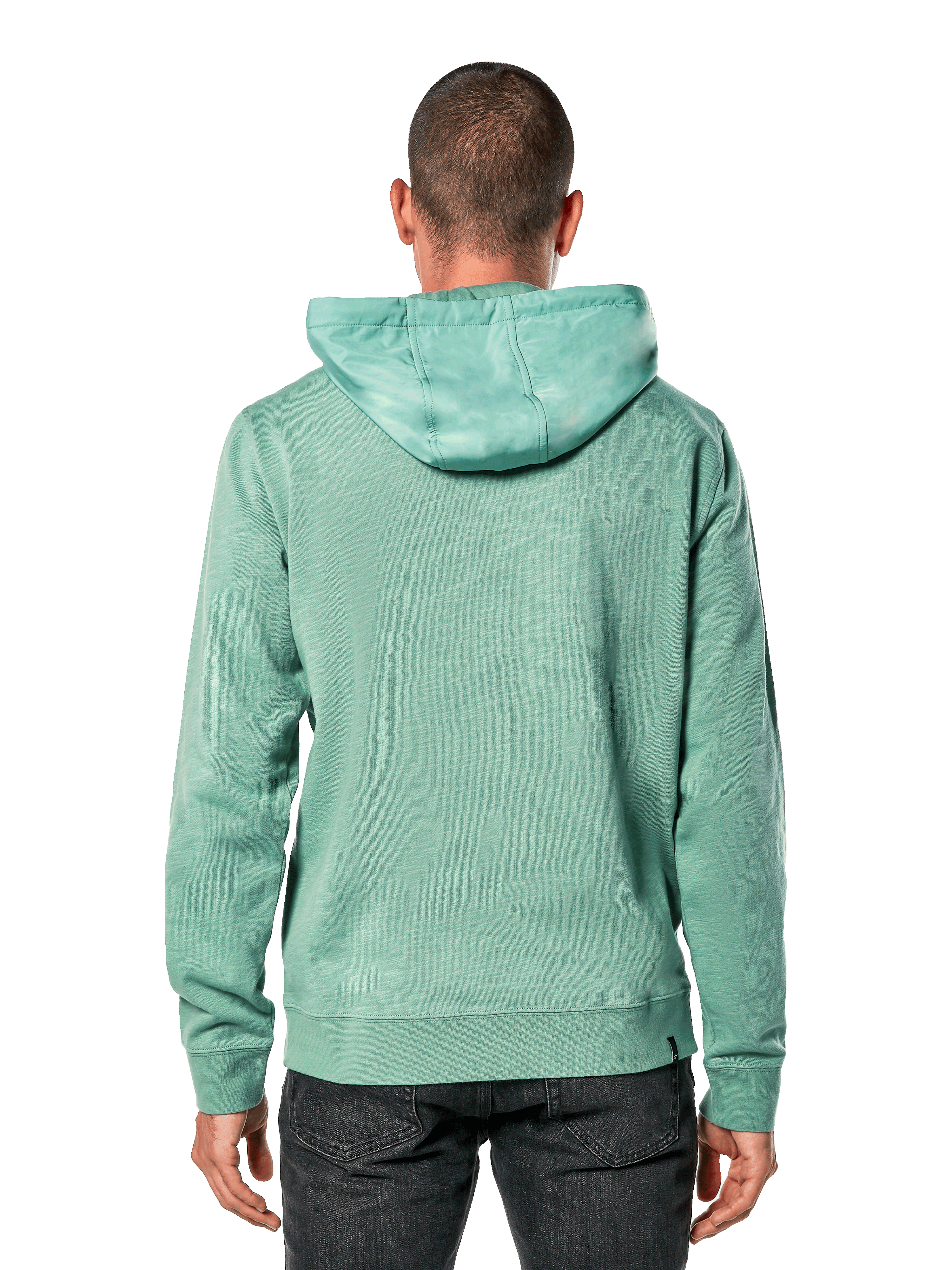 Alpinestars Rooted Hoodie, Grün, Rückansicht eines Mannes, der einen lässigen Slub-French-Terry-Hoodie trägt, mit Überzugshaube, Rippenbündchen und Saum, modernes Sportswear-Design