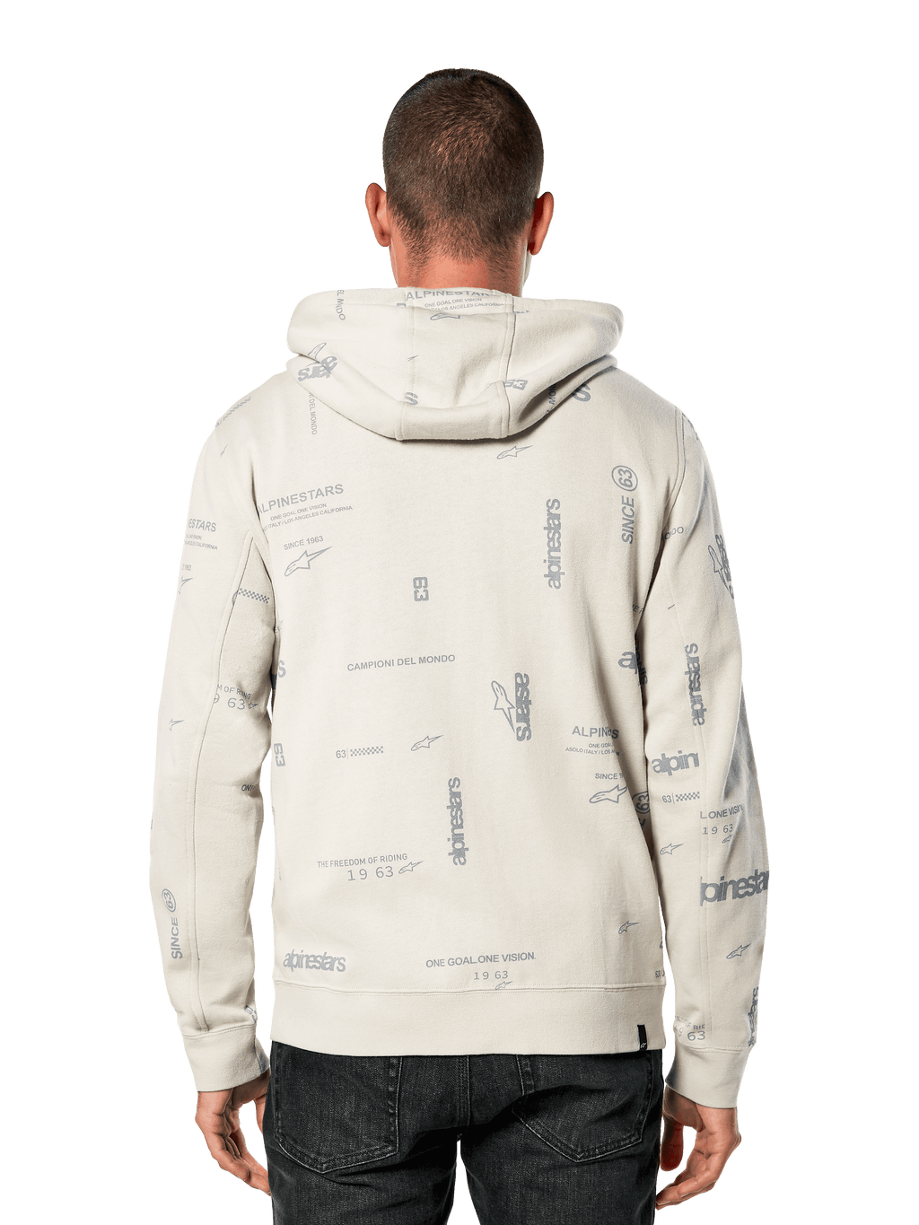 Alpinestars Plenitude Hoodie, Rückansicht, Off-White mit grauem Allover-Print mit Markenslogans und Logos, lässige Sportbekleidung, Rippbündchen an Ärmeln und Saum, Kapuzenpullover für den Alltag