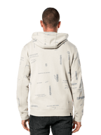 Alpinestars Plenitude Hoodie, Rückansicht, Off-White mit grauem Allover-Print mit Markenslogans und Logos, lässige Sportbekleidung, Rippbündchen an Ärmeln und Saum, Kapuzenpullover für den Alltag