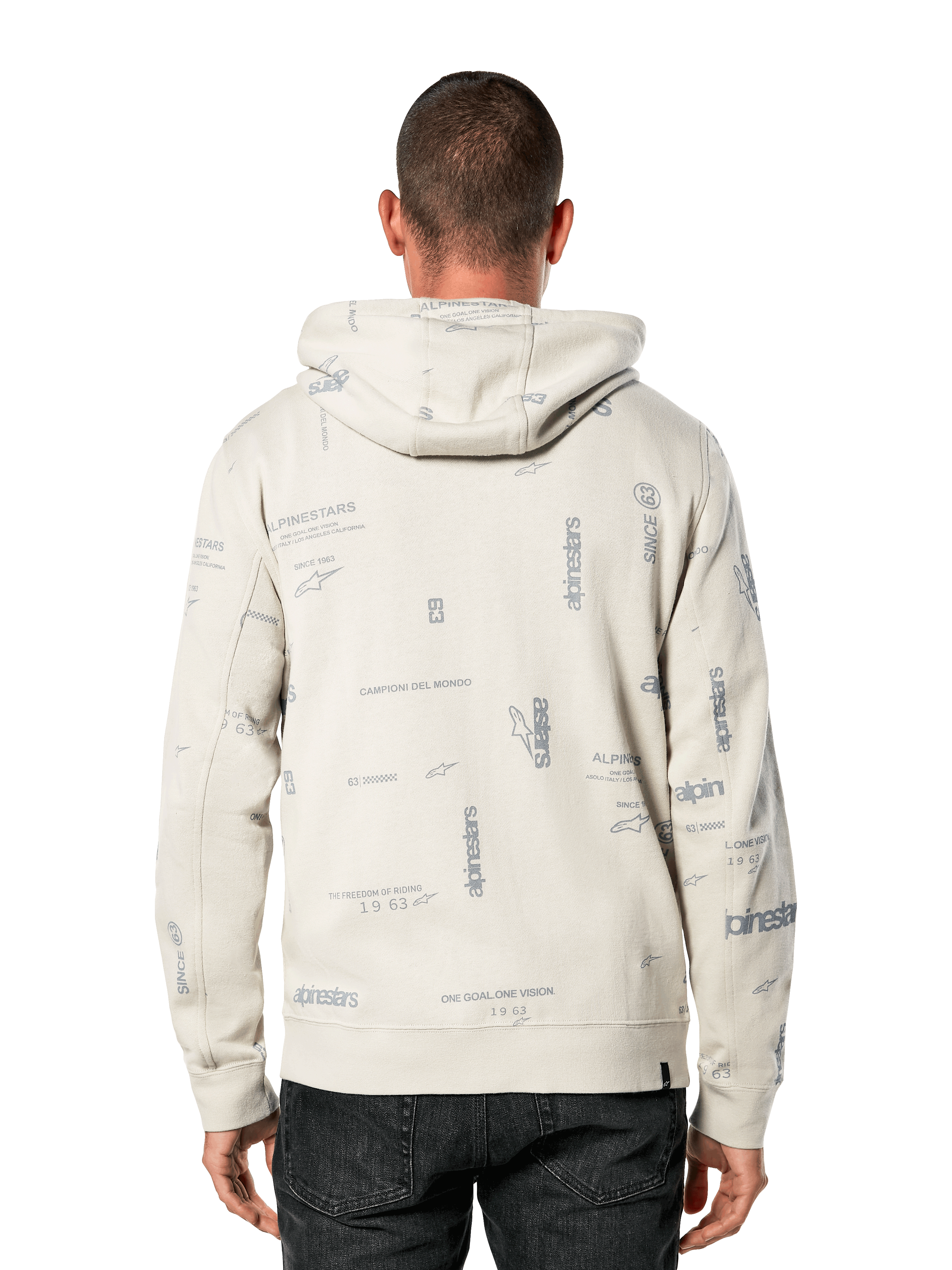 Alpinestars Plenitude Hoodie, Rückansicht, Off-White mit grauem Allover-Print mit Markenslogans und Logos, lässige Sportbekleidung, Rippbündchen an Ärmeln und Saum, Kapuzenpullover für den Alltag