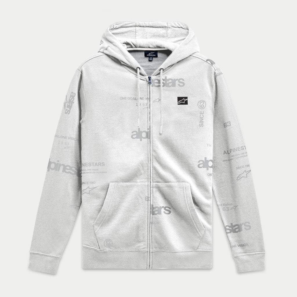 Alpinestars Plenitude Hoodie, Fleece-Kapuzenjacke mit Reißverschluss, Off-White mit grauem Allover-Logo-Print, schwarzer Ageless-Logo-Patch auf der Brust, Kängurutaschen, Kapuze mit Kordelzug, lässige vom Motorsport inspirierte Streetwear