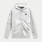 Alpinestars Plenitude Hoodie, Fleece-Kapuzenjacke mit Reißverschluss, Off-White mit grauem Allover-Logo-Print, schwarzer Ageless-Logo-Patch auf der Brust, Kängurutaschen, Kapuze mit Kordelzug, lässige vom Motorsport inspirierte Streetwear