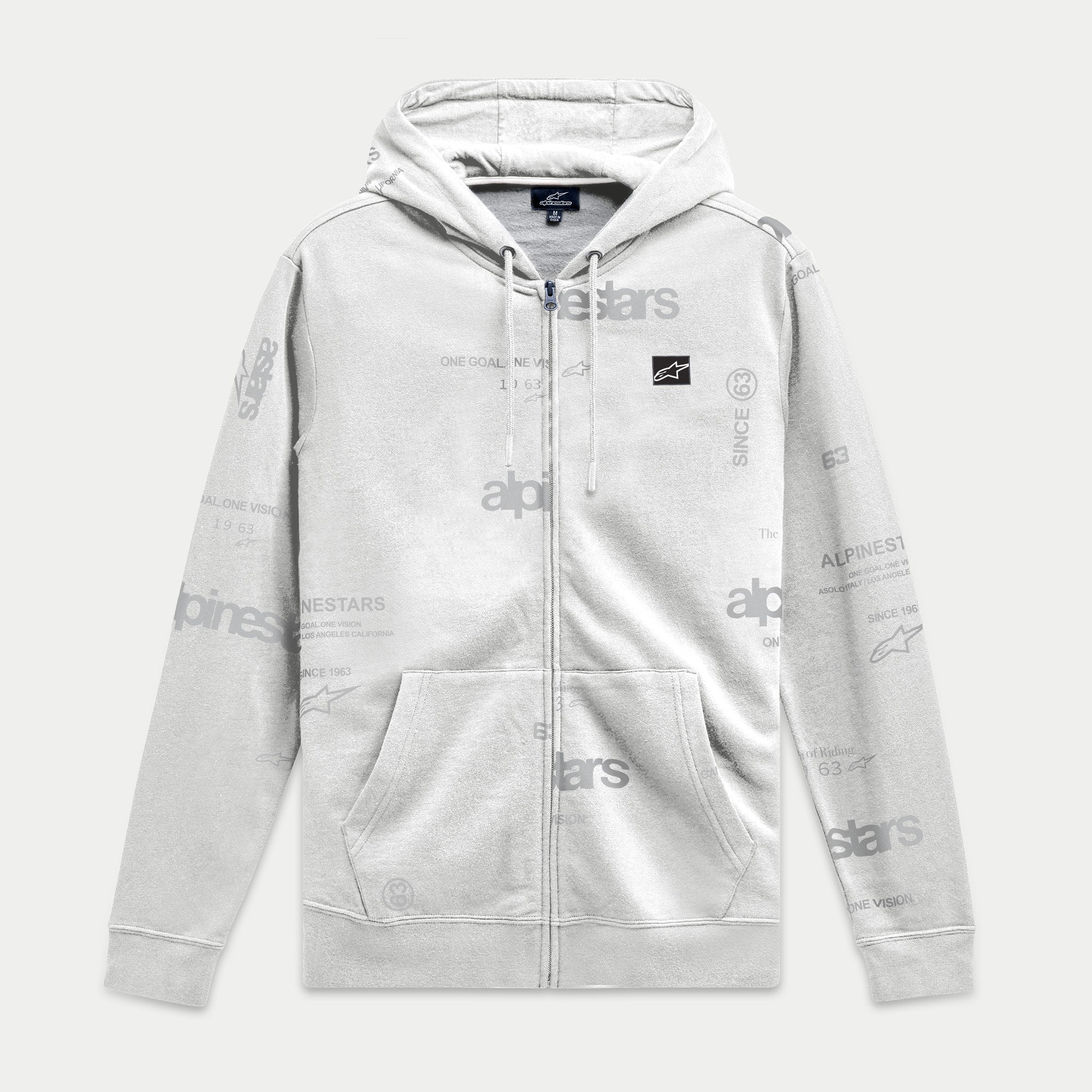 Alpinestars Plenitude Hoodie, Fleece-Kapuzenjacke mit Reißverschluss, Off-White mit grauem Allover-Logo-Print, schwarzer Ageless-Logo-Patch auf der Brust, Kängurutaschen, Kapuze mit Kordelzug, lässige vom Motorsport inspirierte Streetwear