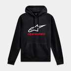 Alpinestars Always V3 Hoodie, Black, Pullover Fleece with White Star Logo and Red Branding, Casual Motorsport Streetwear, Ribbed Cuffs and Hem