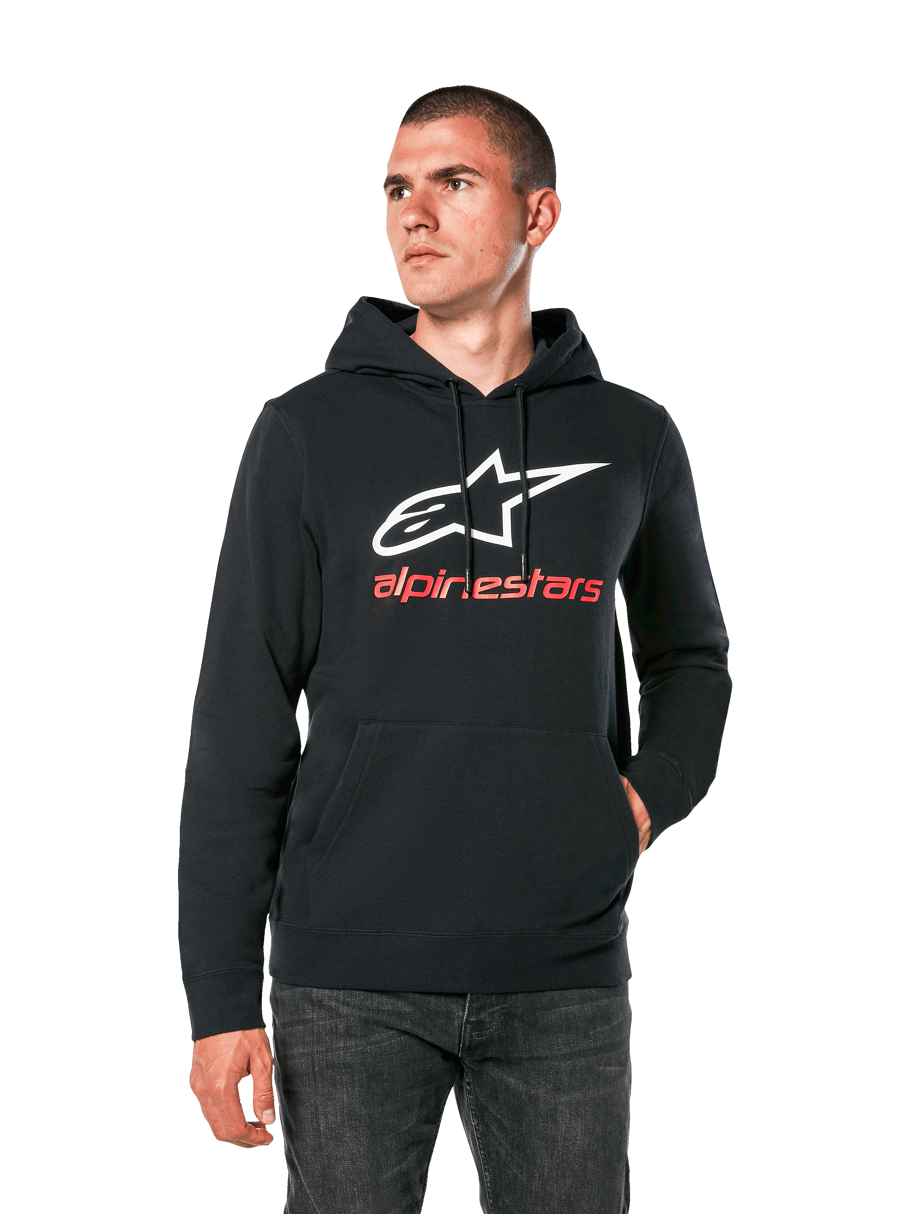 Alpinestars Always V3 Hoodie, schwarzer Freizeit-Kapuzenpullover mit weißem Stern-Logo und rotem Alpinestars-Schriftzug, Pullover-Design mit Kängurutasche vorne, Lifestyle Motorsport-Streetwear