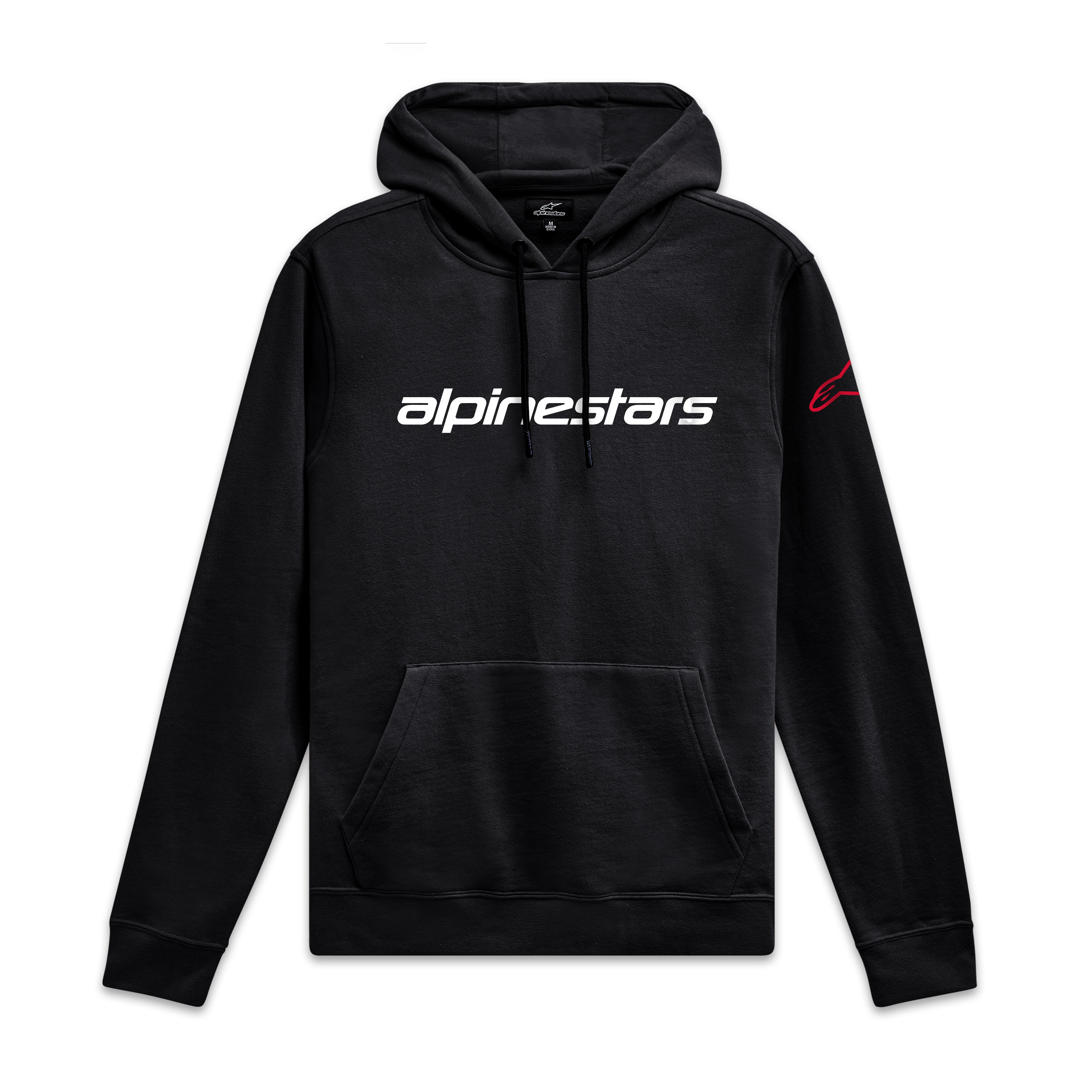 Alpinestars Linear Wordmark V3 Hoodie, black pullover sportswear hoodie with white front chest logo and red sleeve branding