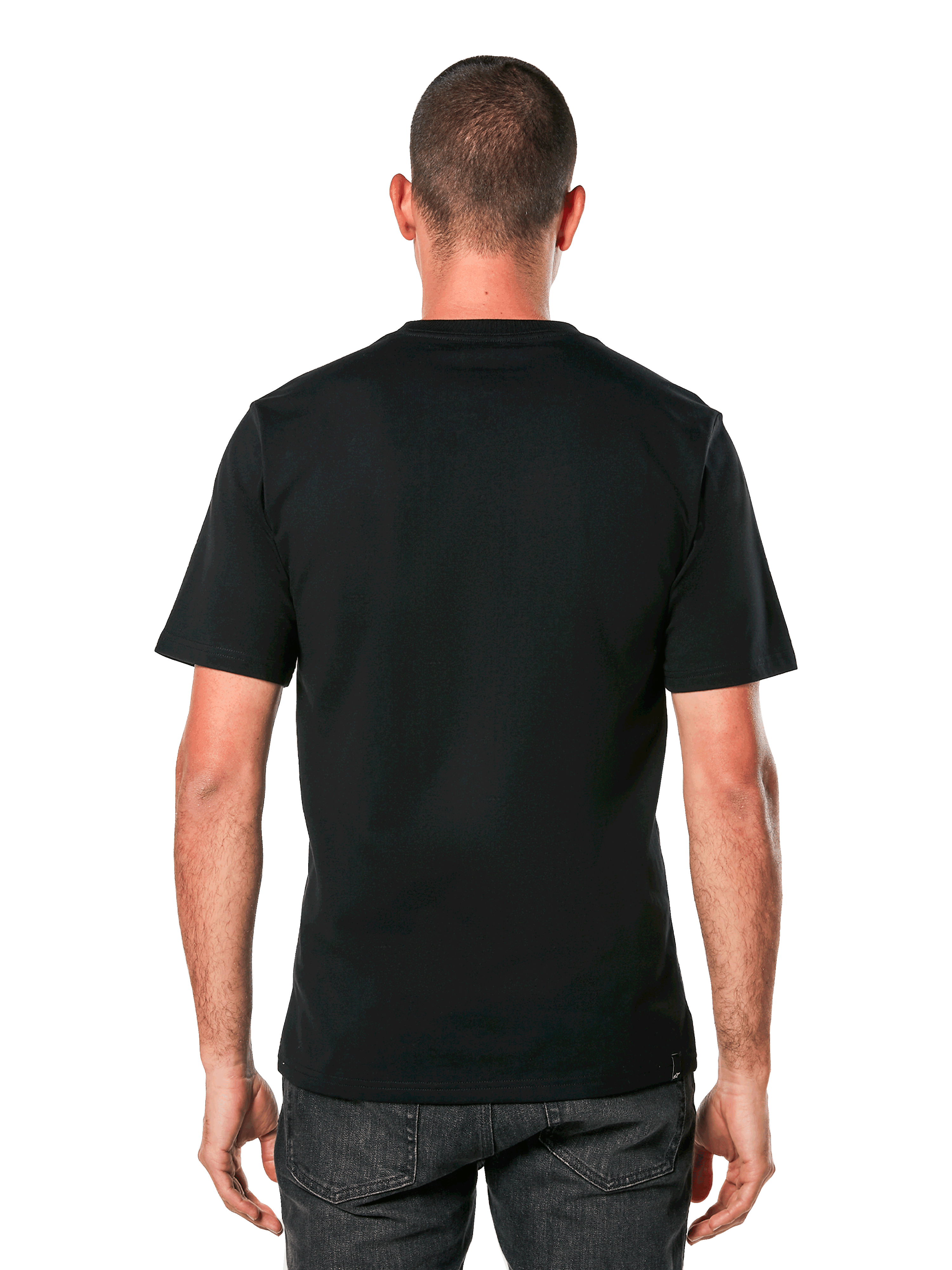 Alpinestars Ageless 2.0 CSF Tee, Kurzarm-T-Shirt, Schwarz, Rückansicht am Modell, schlichtes Design mit Cut-and-Sew-Passform, lässige vom Motorsport inspirierte Sportbekleidung