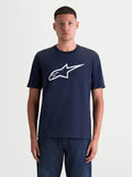 Alpinestars Ageless 2.0 CSF T-Shirt, Kurzarm-Sportswear-T-Shirt, Blau und Weiß, Premium-Baumwoll-Polyester-Mischung mit weichem Astars-Logo-Frontprint, Vorderansicht am Modell.