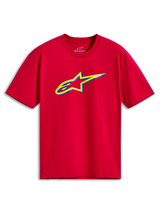 Alpinestars Ageless Shadow CSF Tee, Short Sleeve T-Shirt, Red, featuring a yellow and blue layered Ageless logo graphic on the chest, casual motorsport streetwear