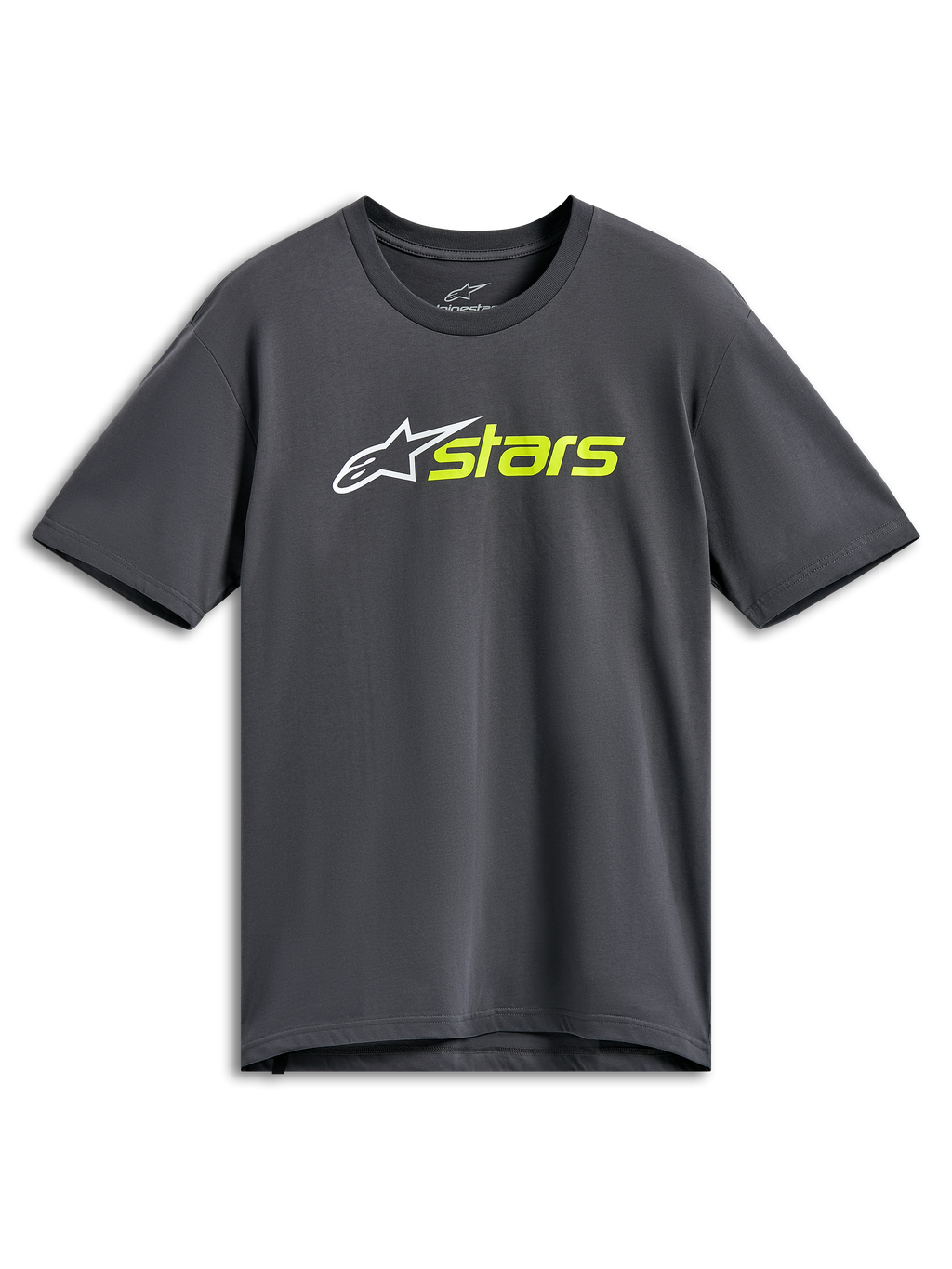 Alpinestars Blaze 2.0 CSF Tee, Kurzarm-T-Shirt, Anthrazitgrau, Weißes Stern-Logo mit neongelbem Stars-Schriftzug, Lässige Motorsport-Streetwear