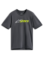 Alpinestars Blaze 2.0 CSF Tee, Kurzarm-T-Shirt, Anthrazitgrau, Weißes Stern-Logo mit neongelbem Stars-Schriftzug, Lässige Motorsport-Streetwear