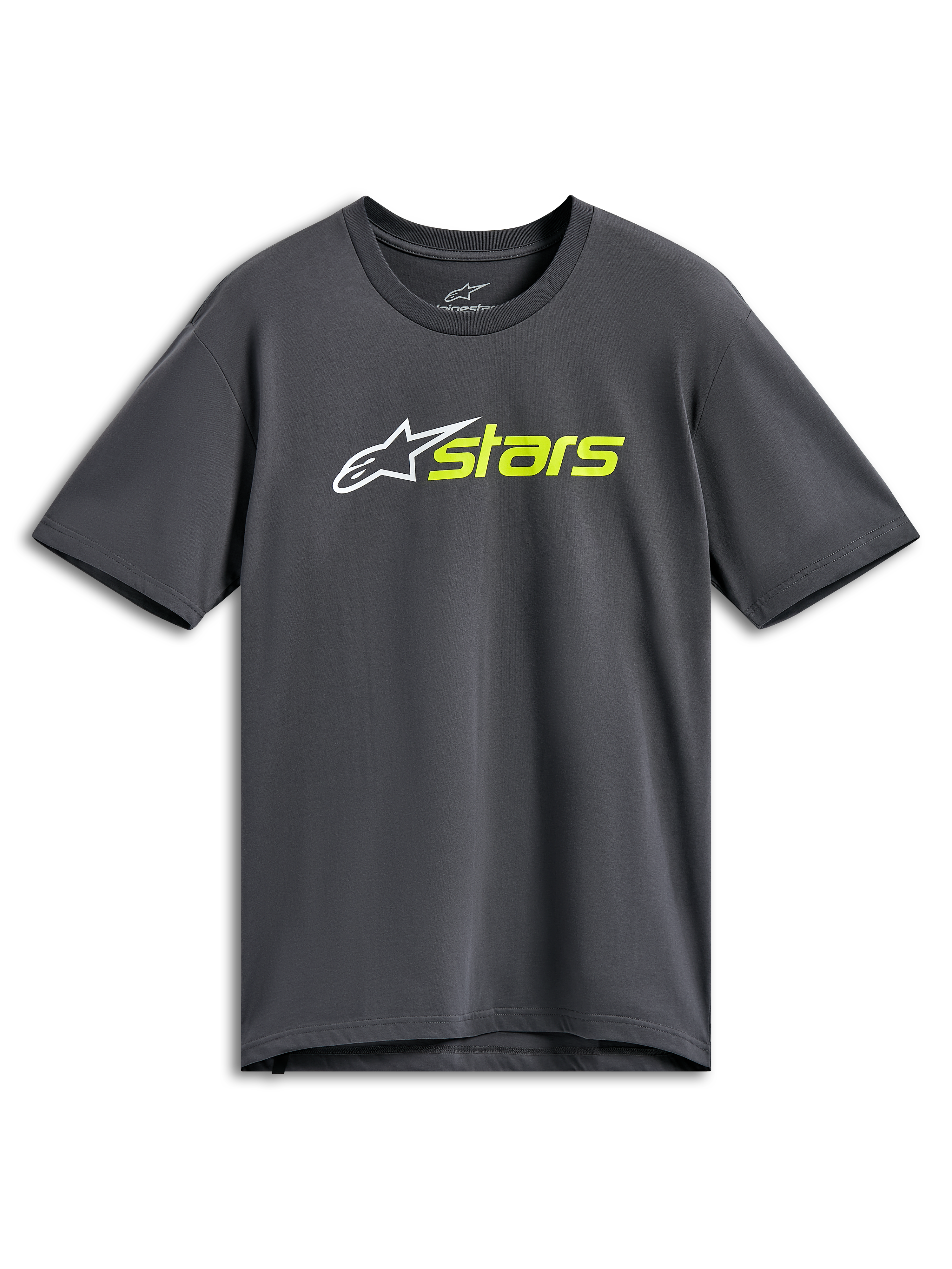 Alpinestars Blaze 2.0 CSF Tee, Kurzarm-T-Shirt, Anthrazitgrau, Weißes Stern-Logo mit neongelbem Stars-Schriftzug, Lässige Motorsport-Streetwear