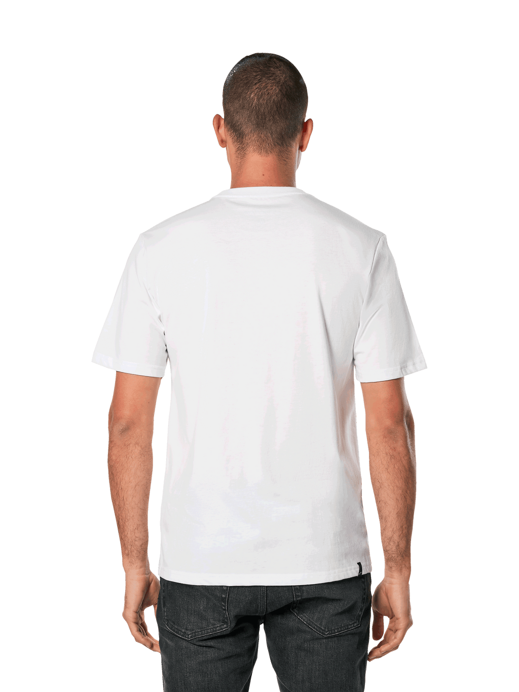 Alpinestars Blaze 2.0 CSF Tee, kurzärmeliges T-Shirt, Weiß Navy Blau, Rückansicht eines Mannes, der ein schlichtes weißes T-Shirt und eine schwarze Hose trägt, legere Motorsport-Streetwear